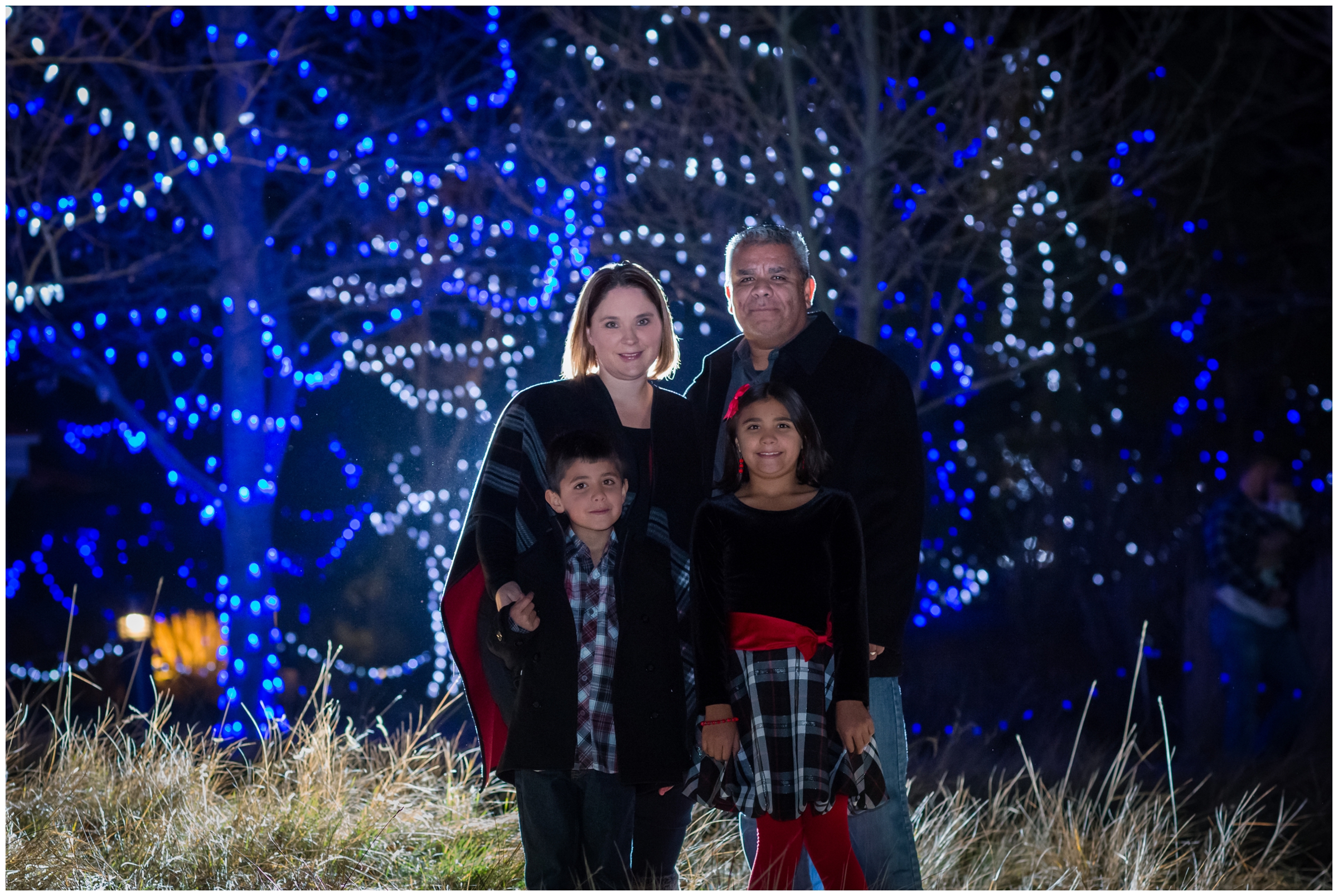 winter Colorado family portraits at night with blue holiday lights