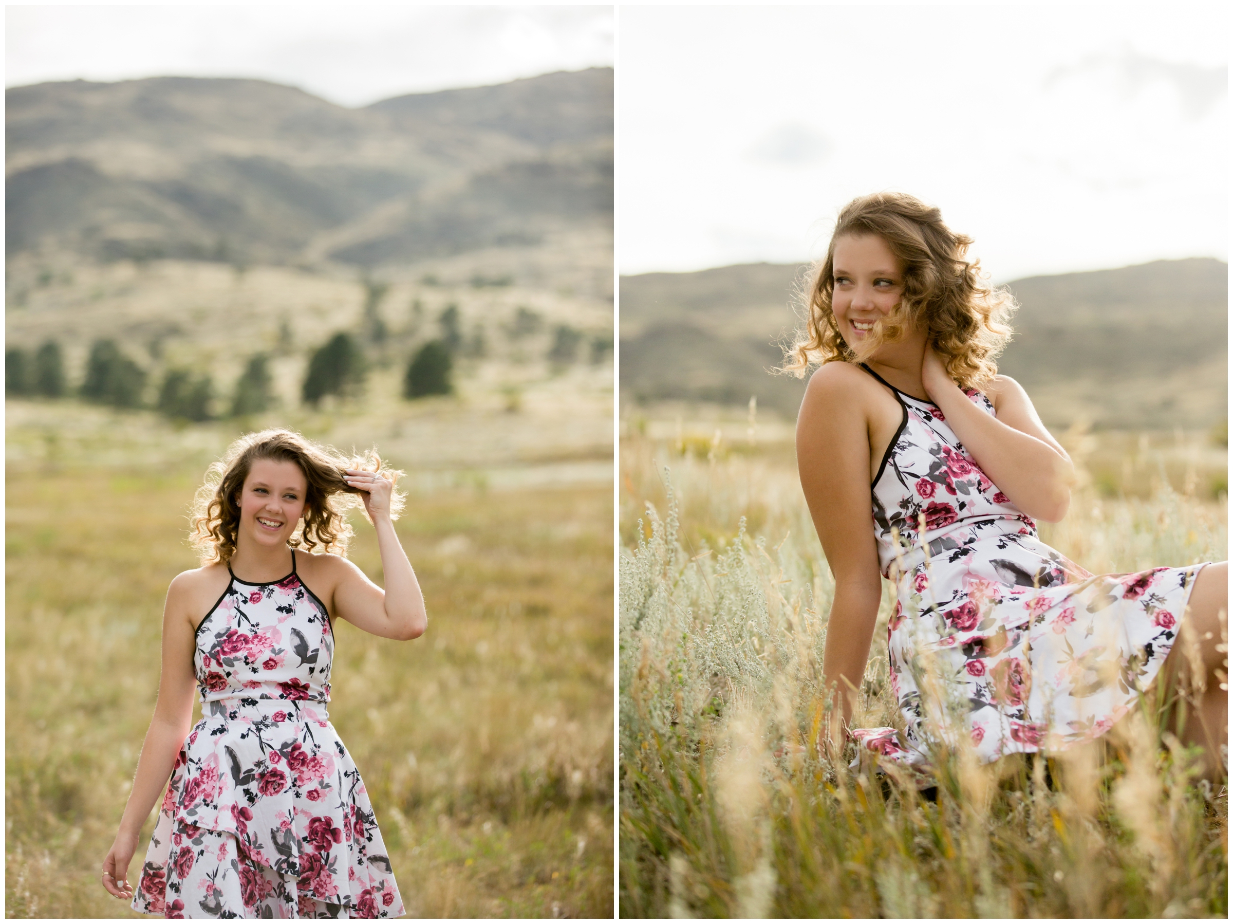 teen girl walking and laughing at Colorado senior photography session 