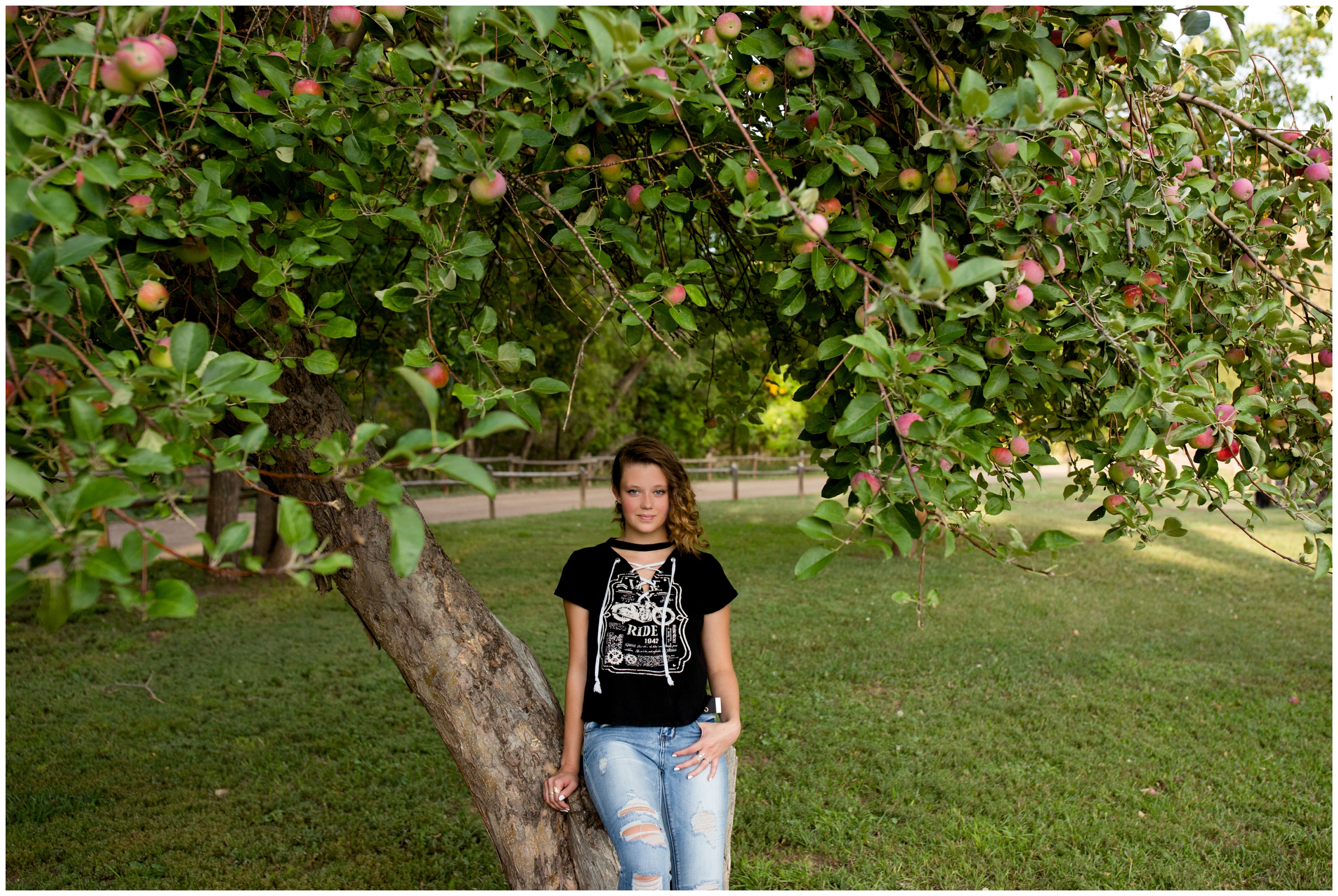 girl leaning against apple tree during Colorado senior portraits