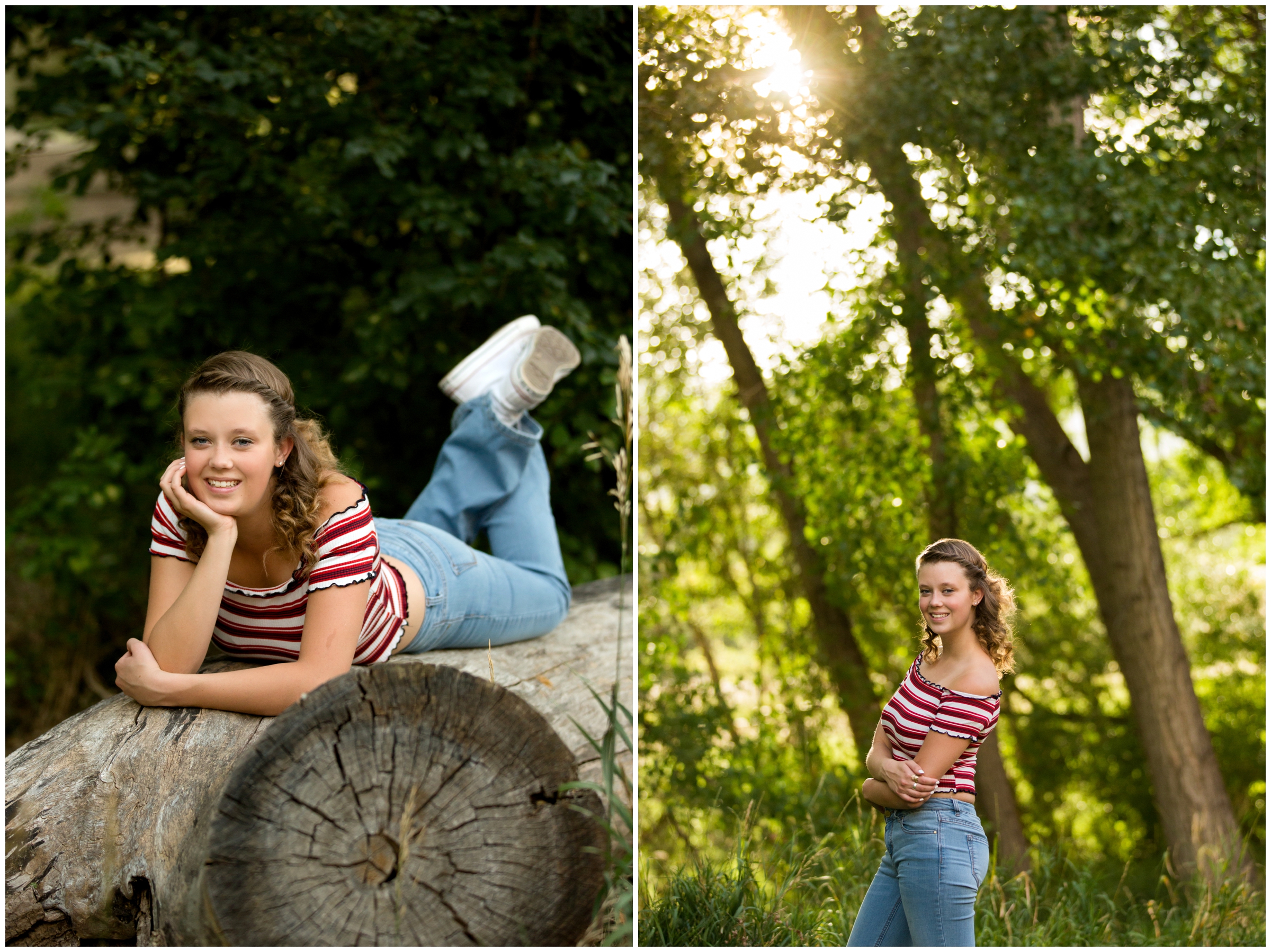 girl laying on tree trunk during Loveland Colorado senior photography session 