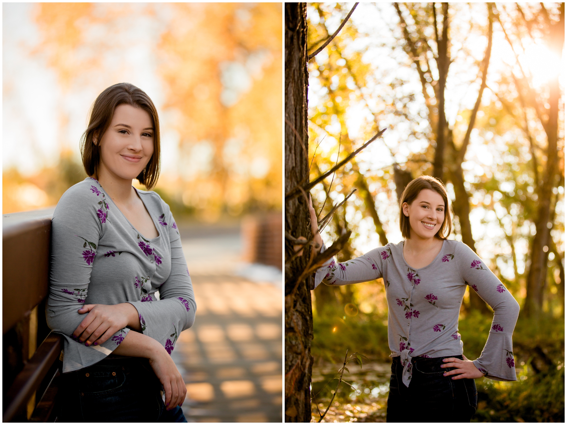 teen girl leaning against bridge with fall foliage in background at Longmont Colorado senior portraits 