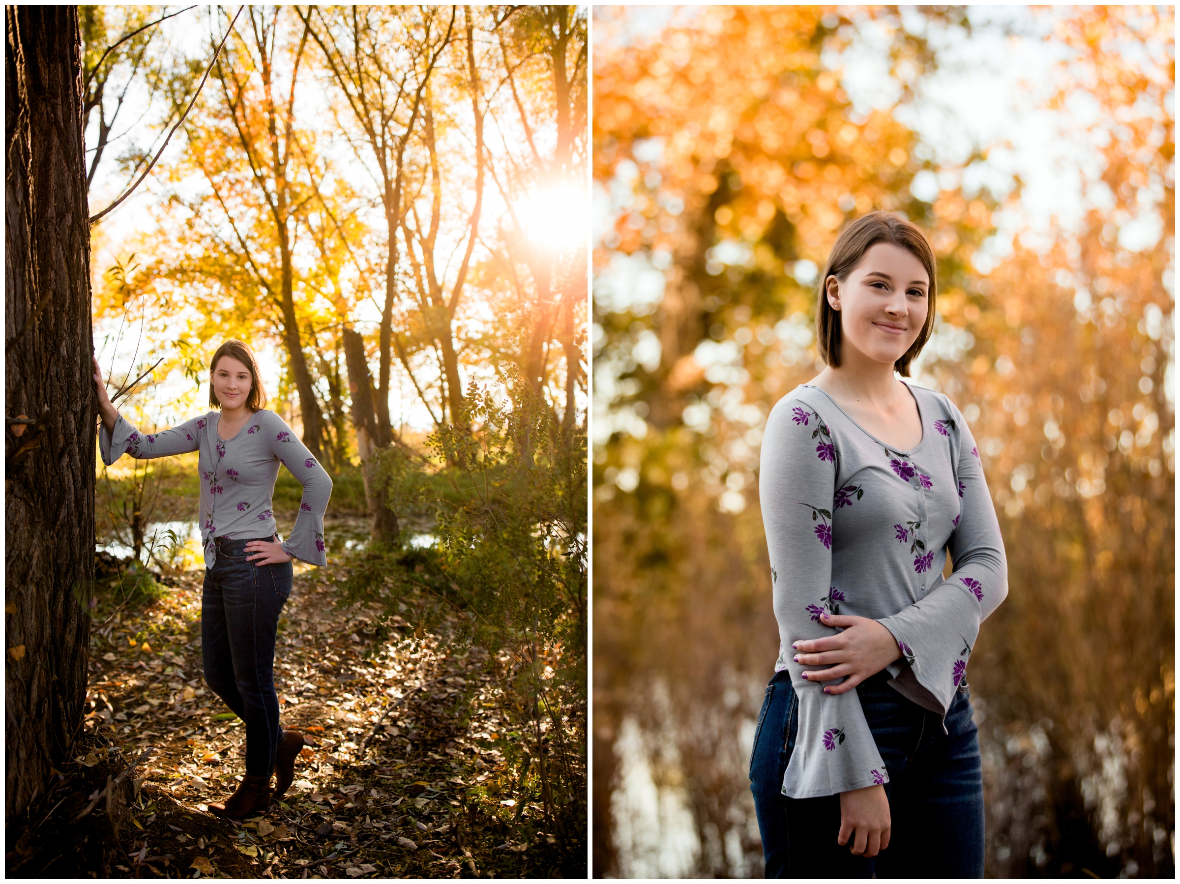 Longmont Colorado senior pictures at Golden Ponds with fall foliage in background 