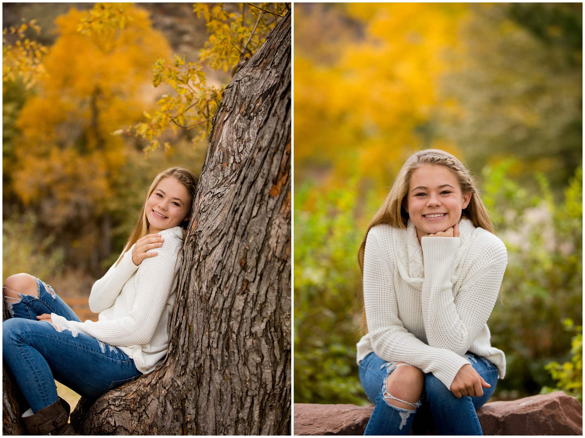 Niwot Colorado senior pictures with fall foliage in background 