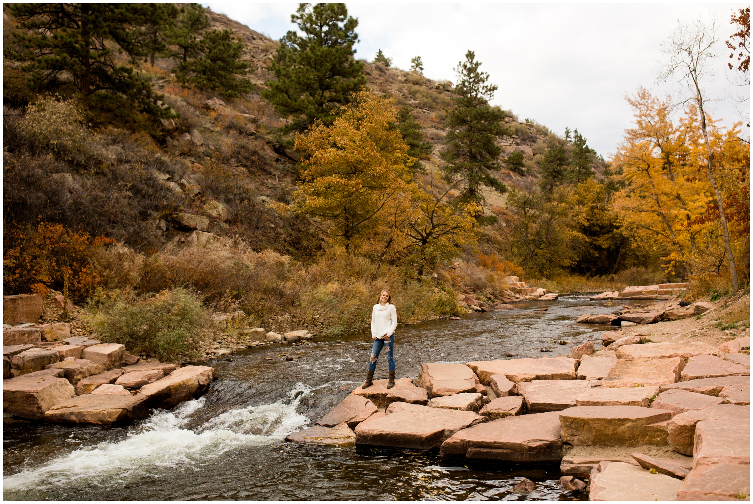 teen girl standing next to a creek in Lyons CO