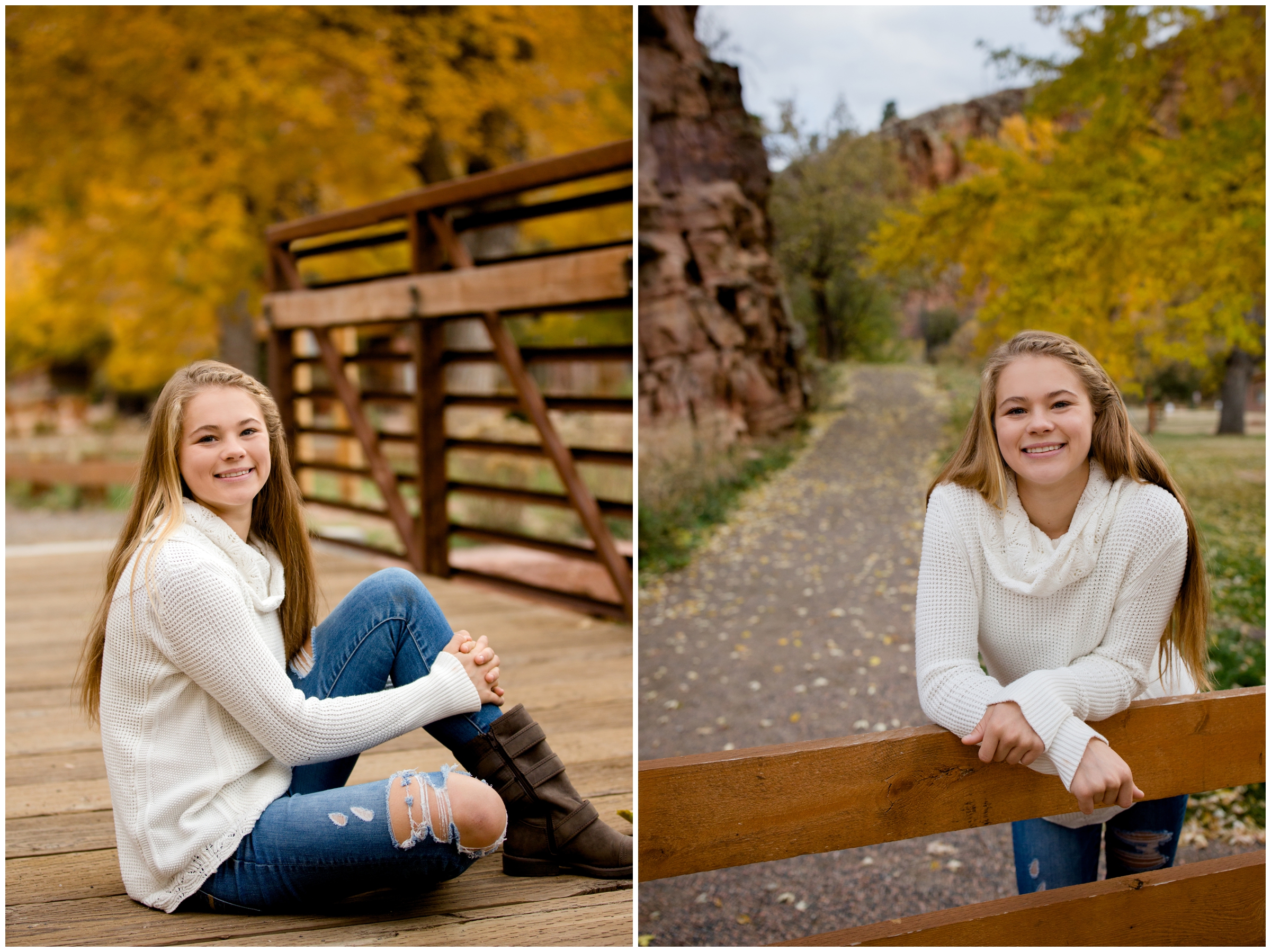 Lyons high school Colorado senior pictures with fall foliage in background 