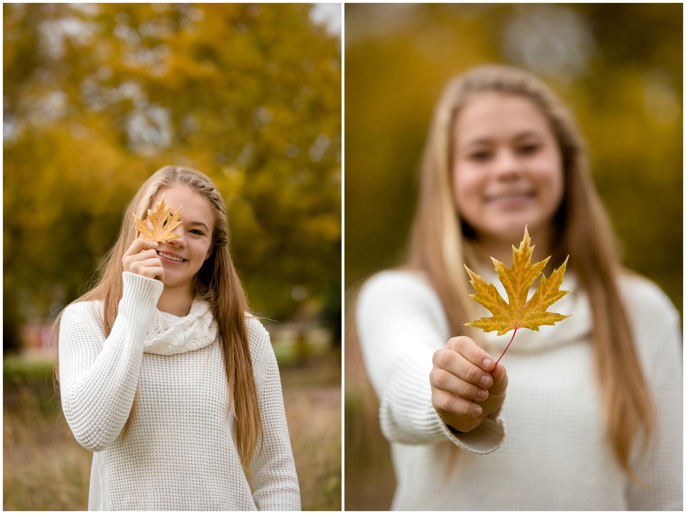 girl holding yellow leaf over eye at Colorado fall high school senior photography session 