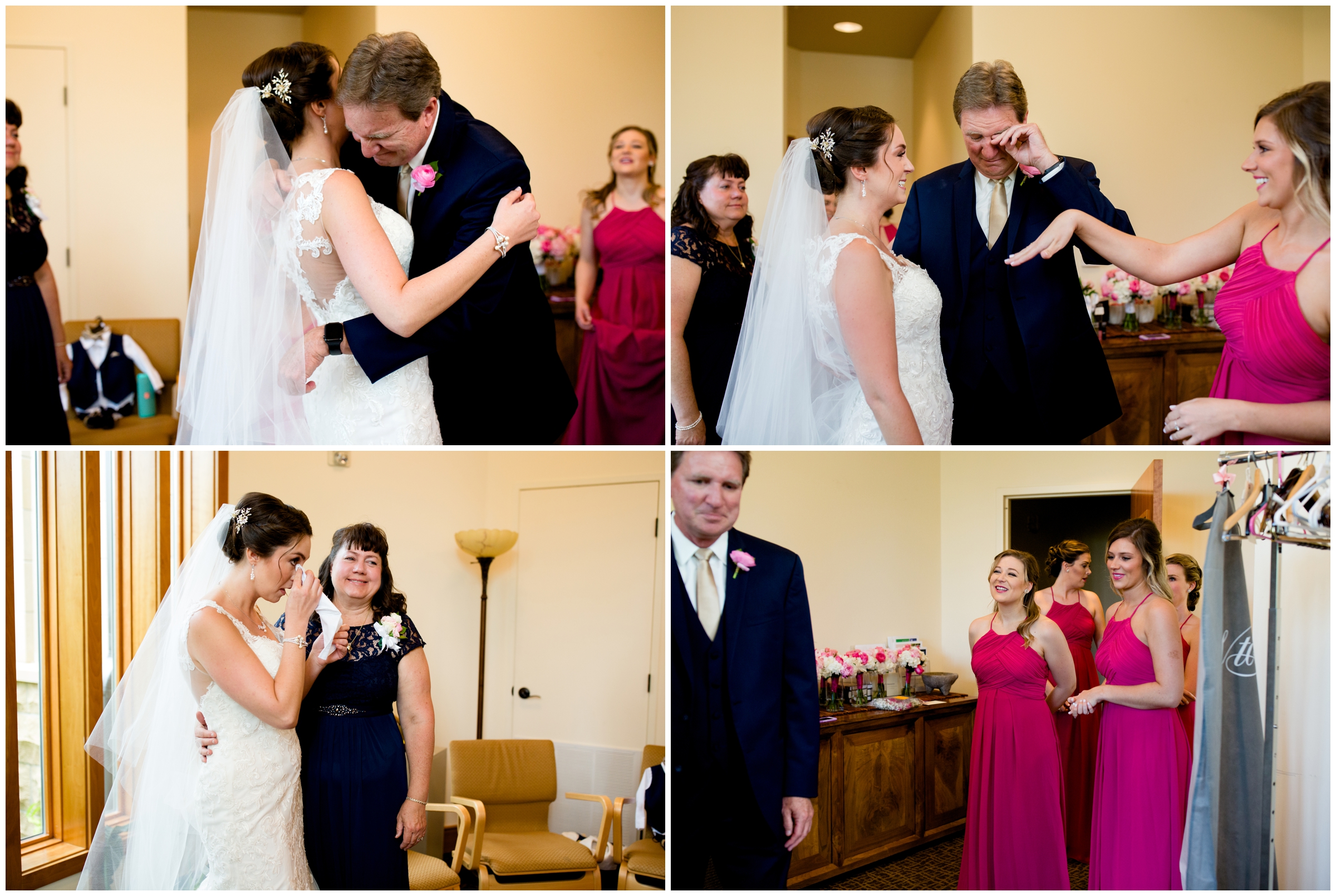 first look between bride and her dad at Regis Chapel wedding ceremony 