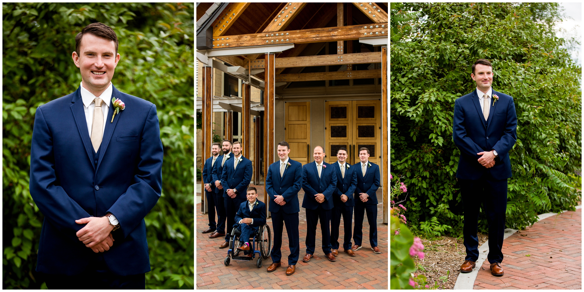 groom in navy blue suit posing at Colorado garden wedding 