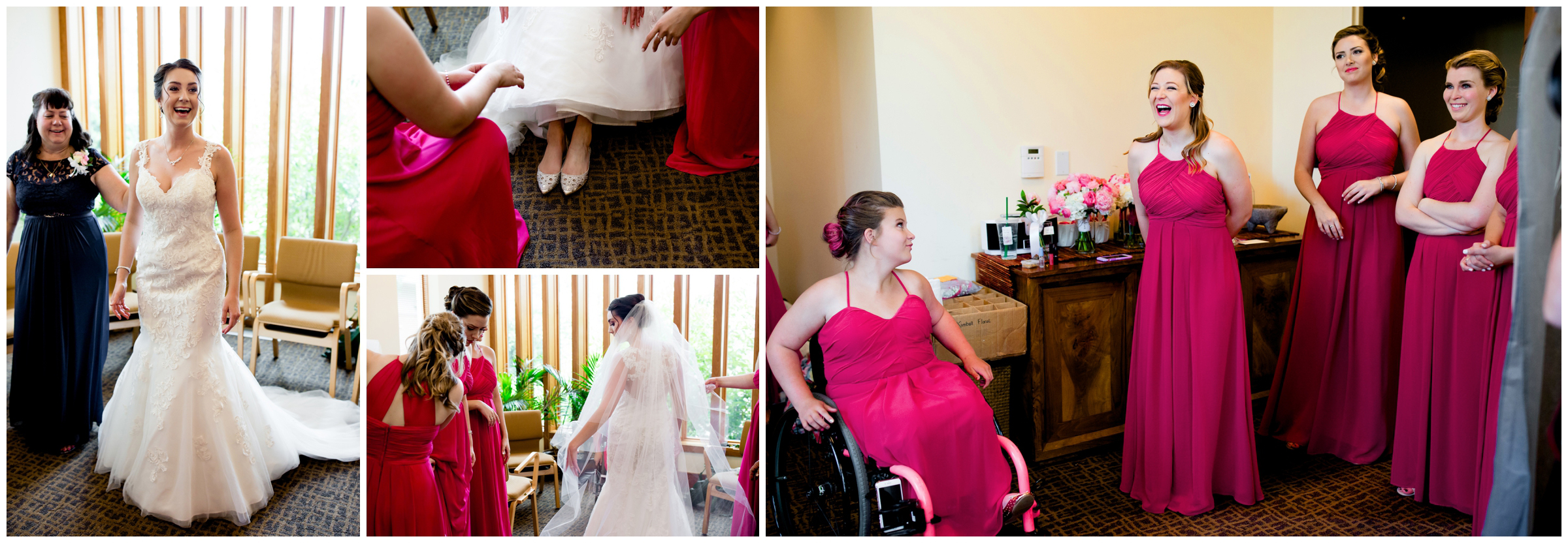 bride getting ready at Regis Chapel Colorado wedding ceremony 