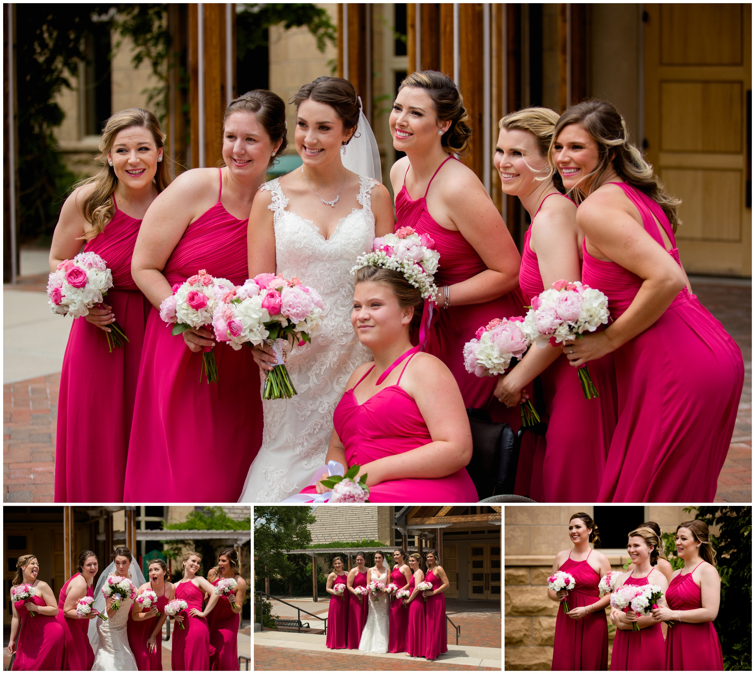 bride and bridesmaids in fuchsia pink posing in front of St. John Francis Regis Chapel