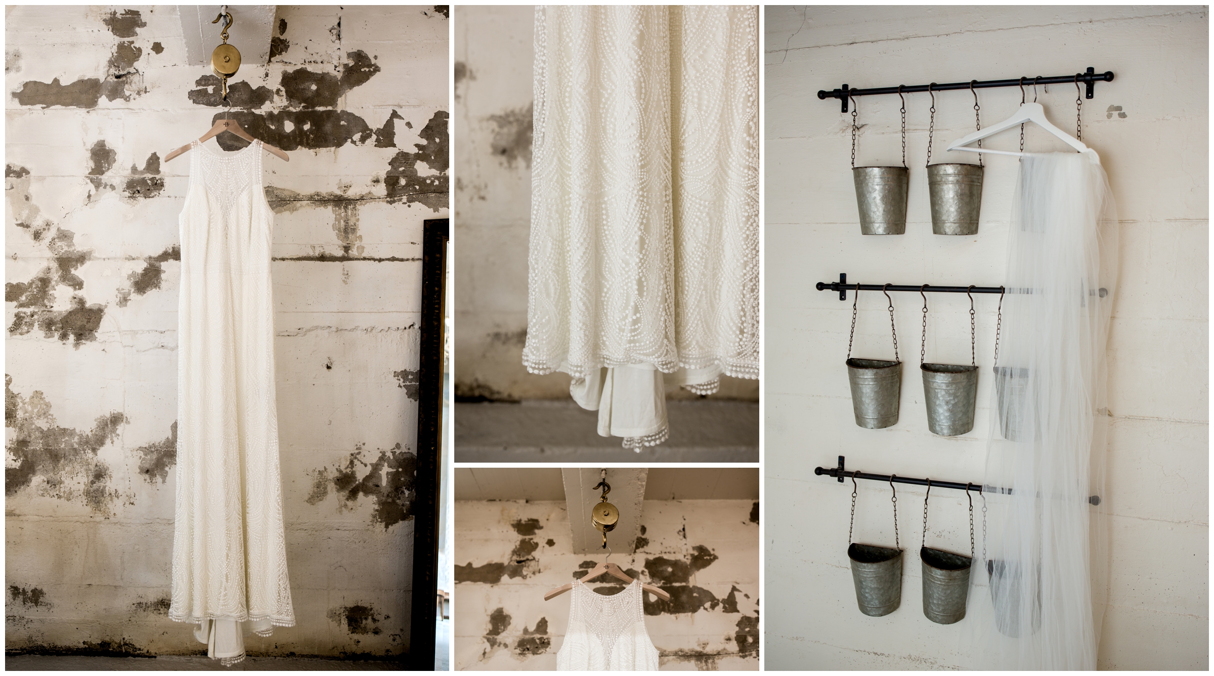 Longmont Colorado wedding dress hanging against white brick wall 