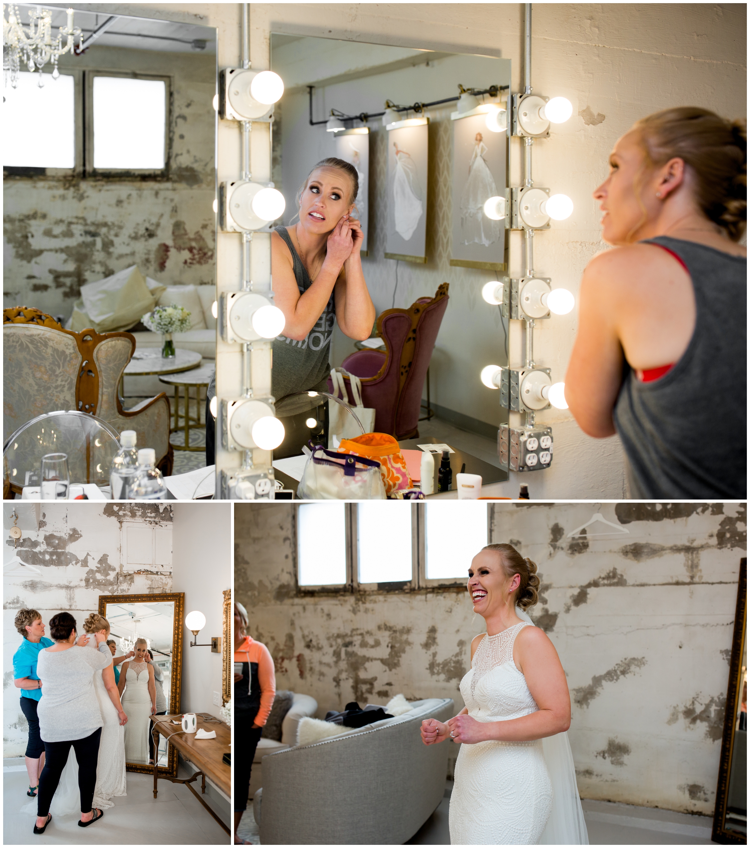 bride getting ready in mirror at the St Vrain bridal suite 