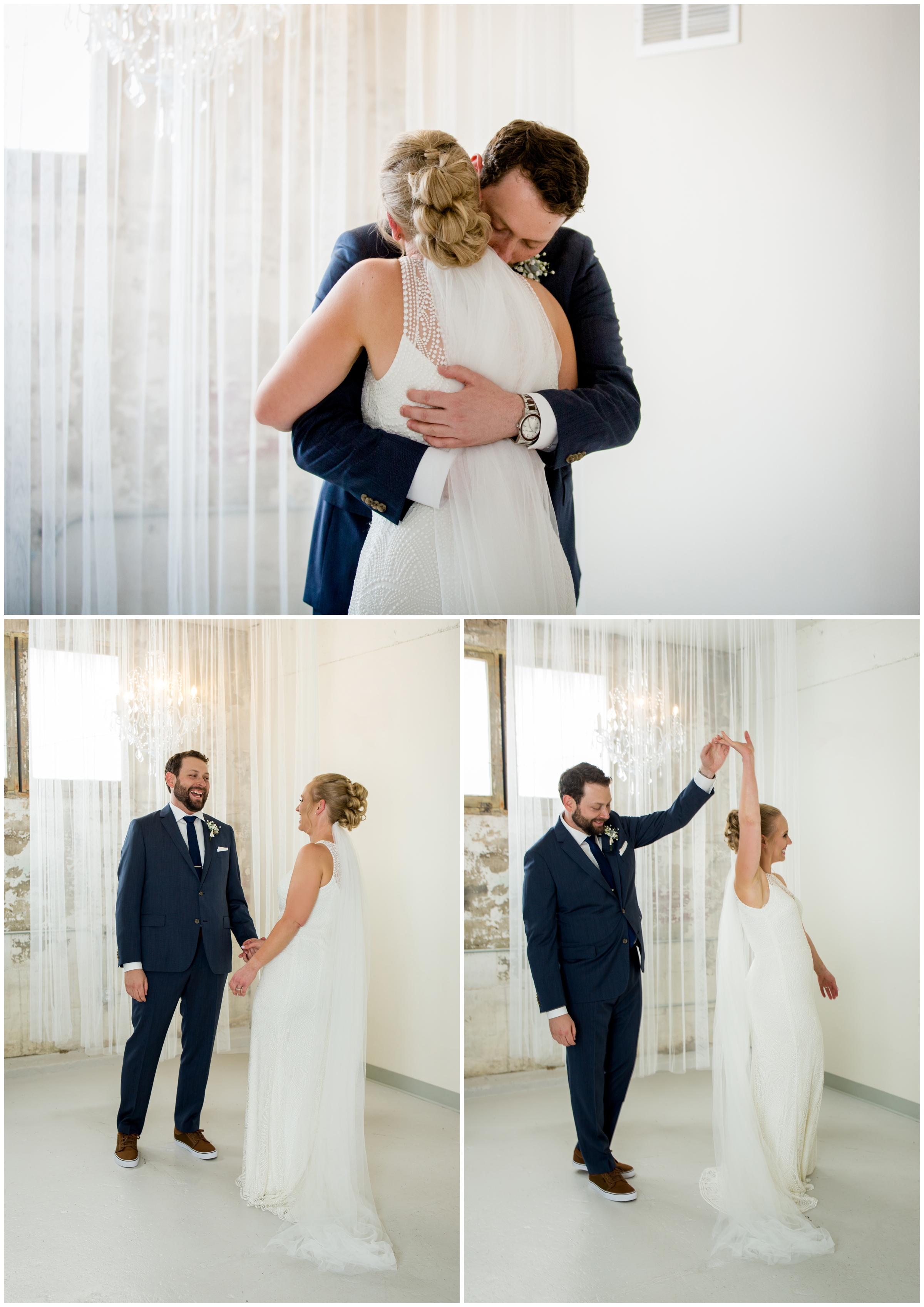 couple hugging during their first look at Longmont Colorado urban wedding 