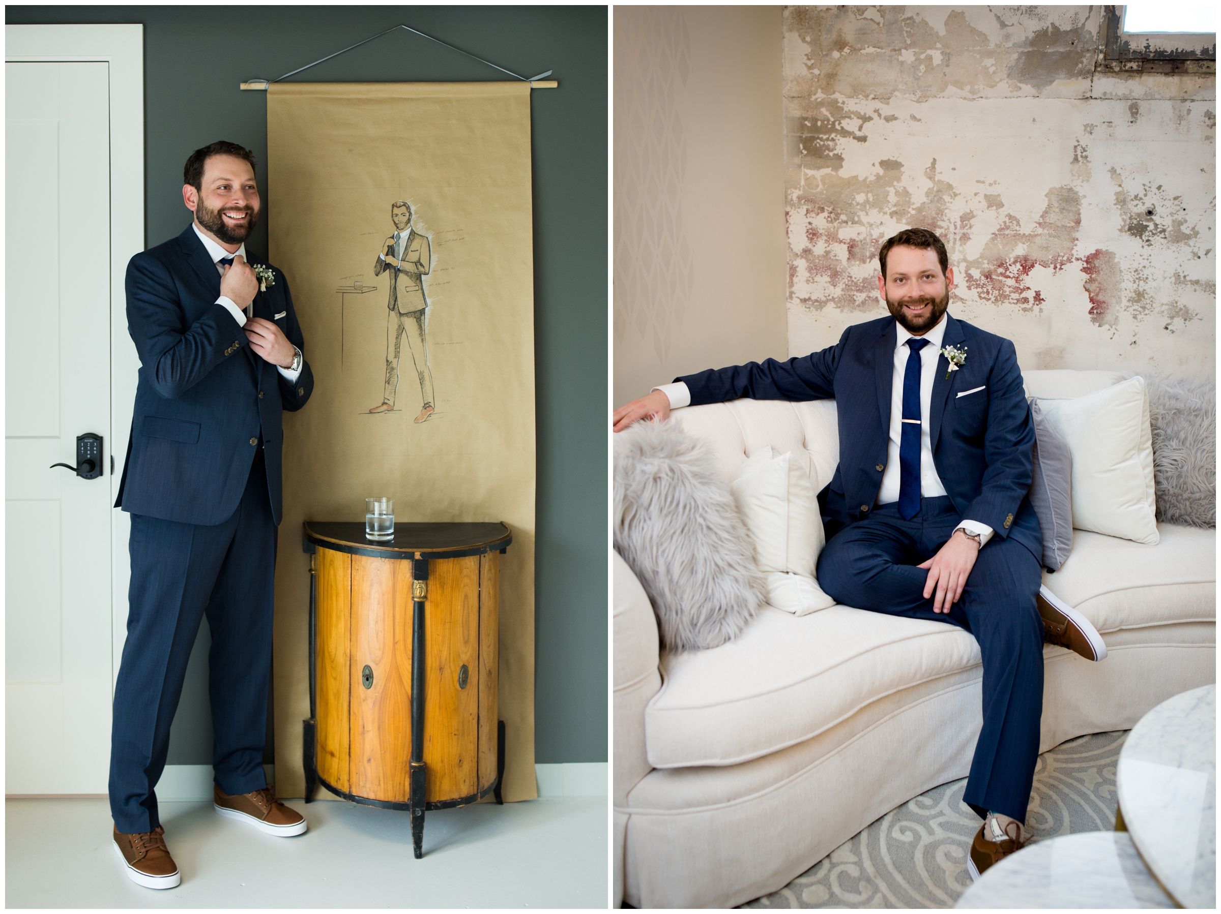 groom adjusting his tie in basement of the St. Vrain wedding venue Longmont