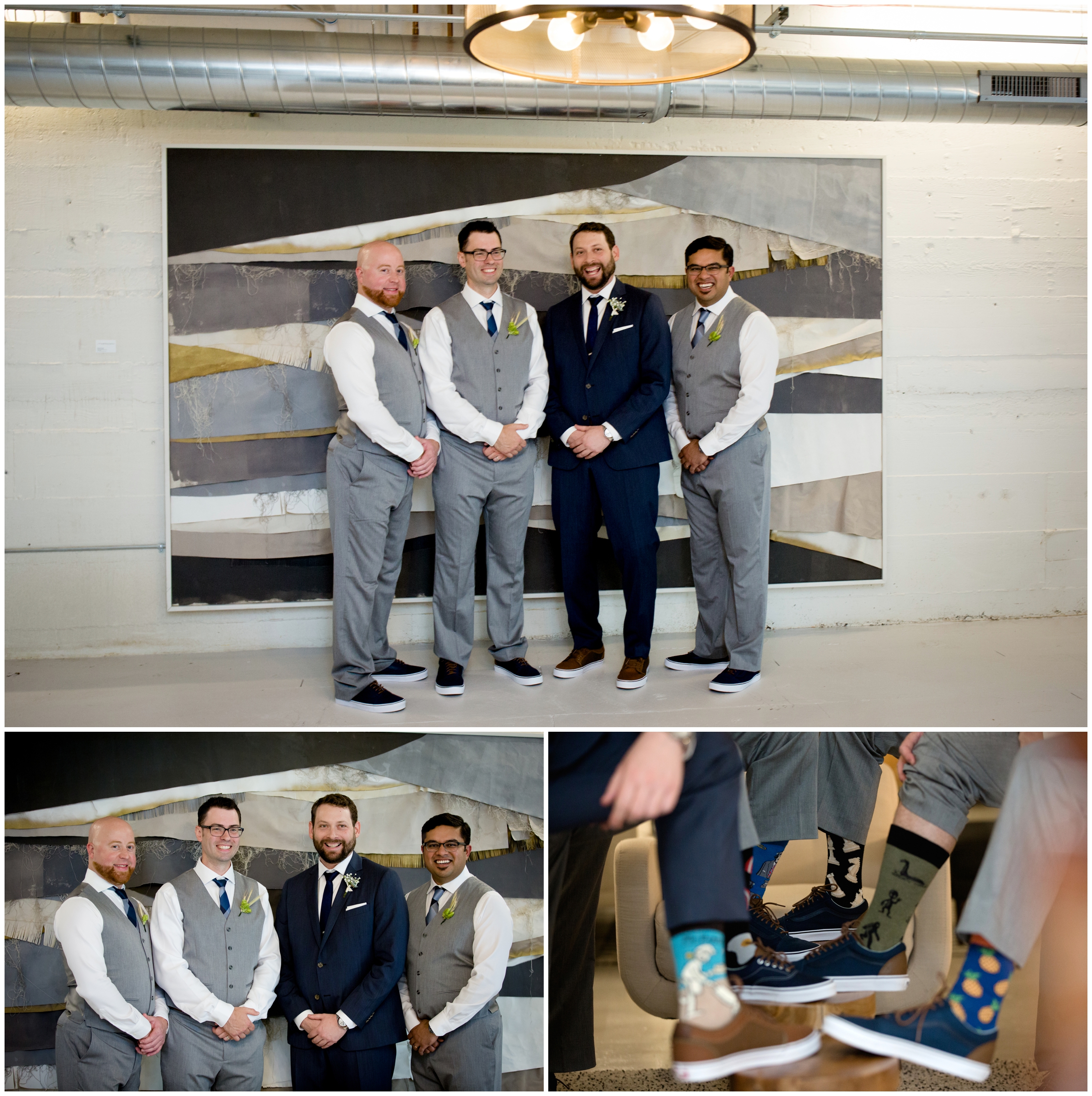 groomsmen posing against abstract mural at the St. Vrain Longmont