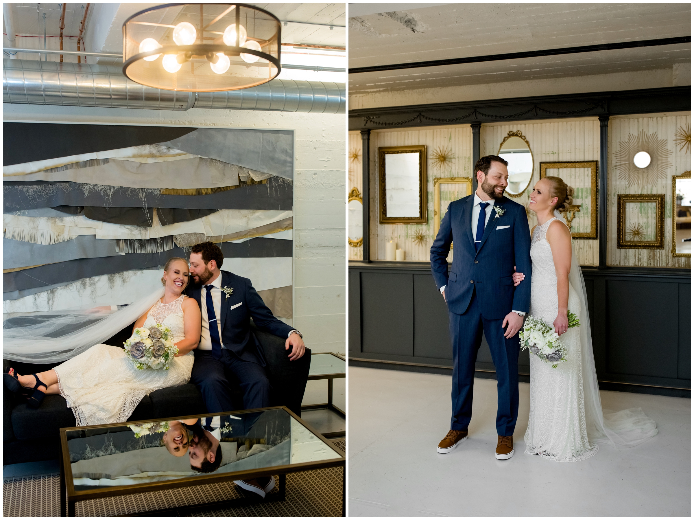 couple posing in front of wall of mirrors at the St Vrain Colorado indoor wedding 