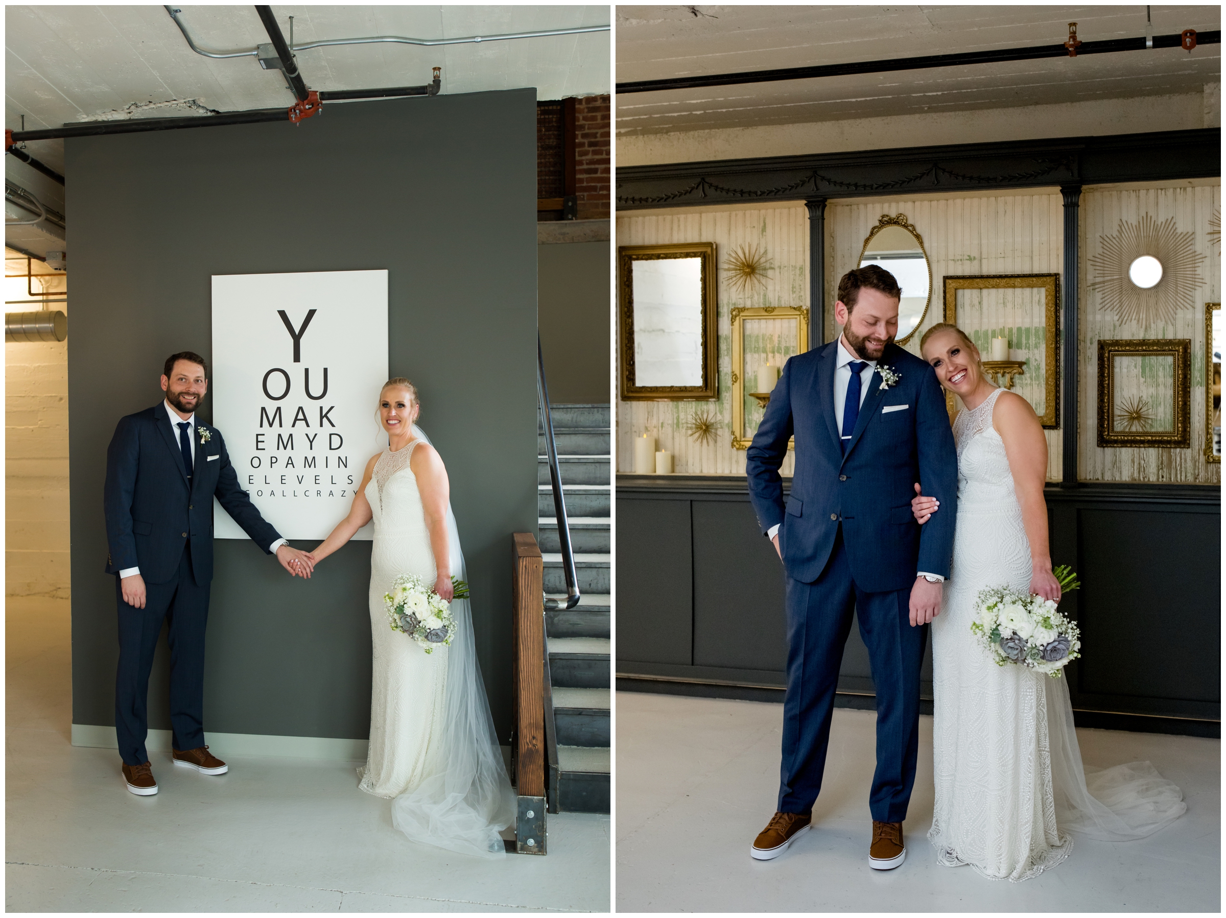 bride and groom posing in front of wall of mirrors at modern Colorado wedding venue the St Vrain Longmont 