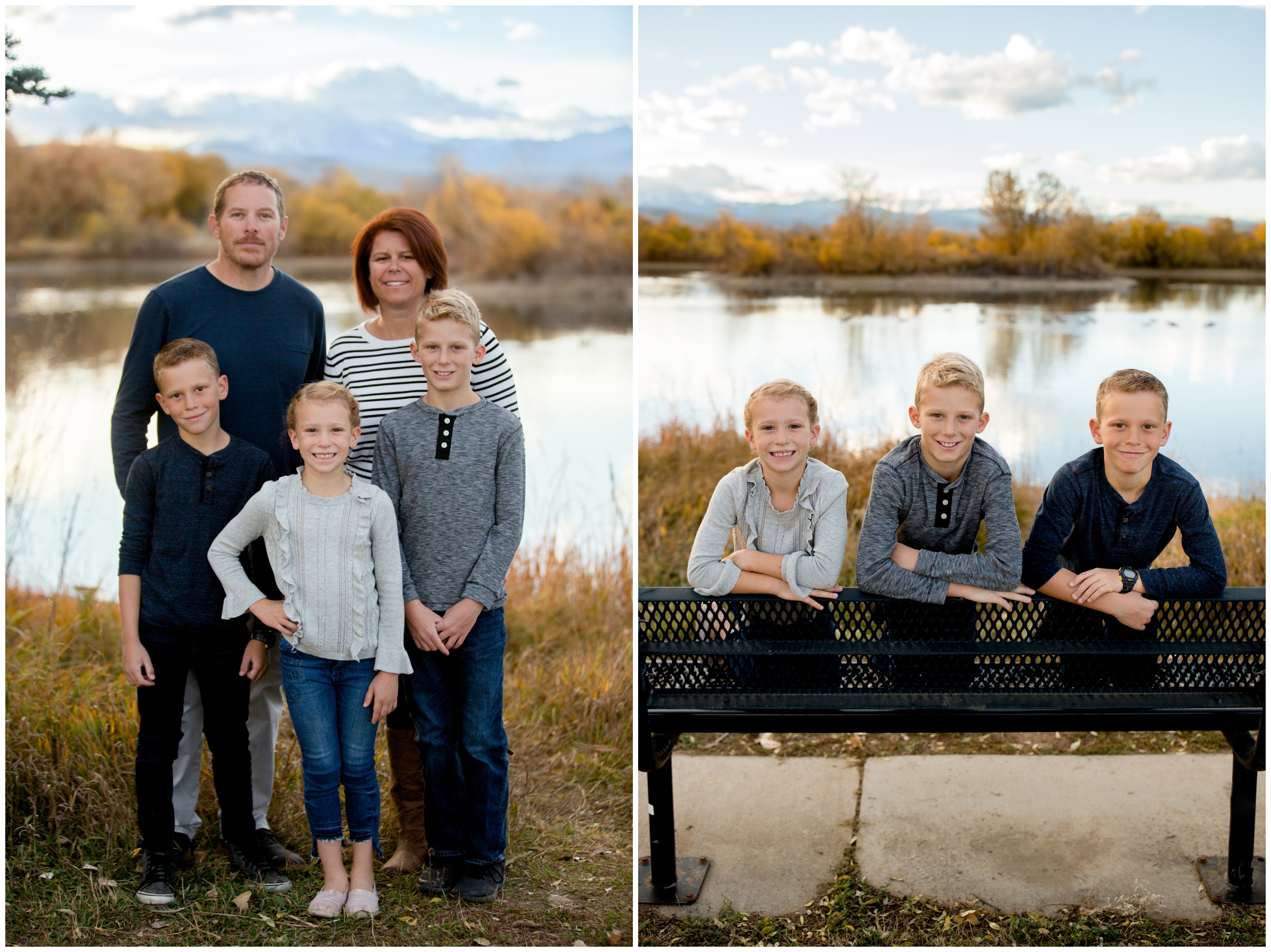 kids posing on a bench during Boulder County family photos at a mountain lake 