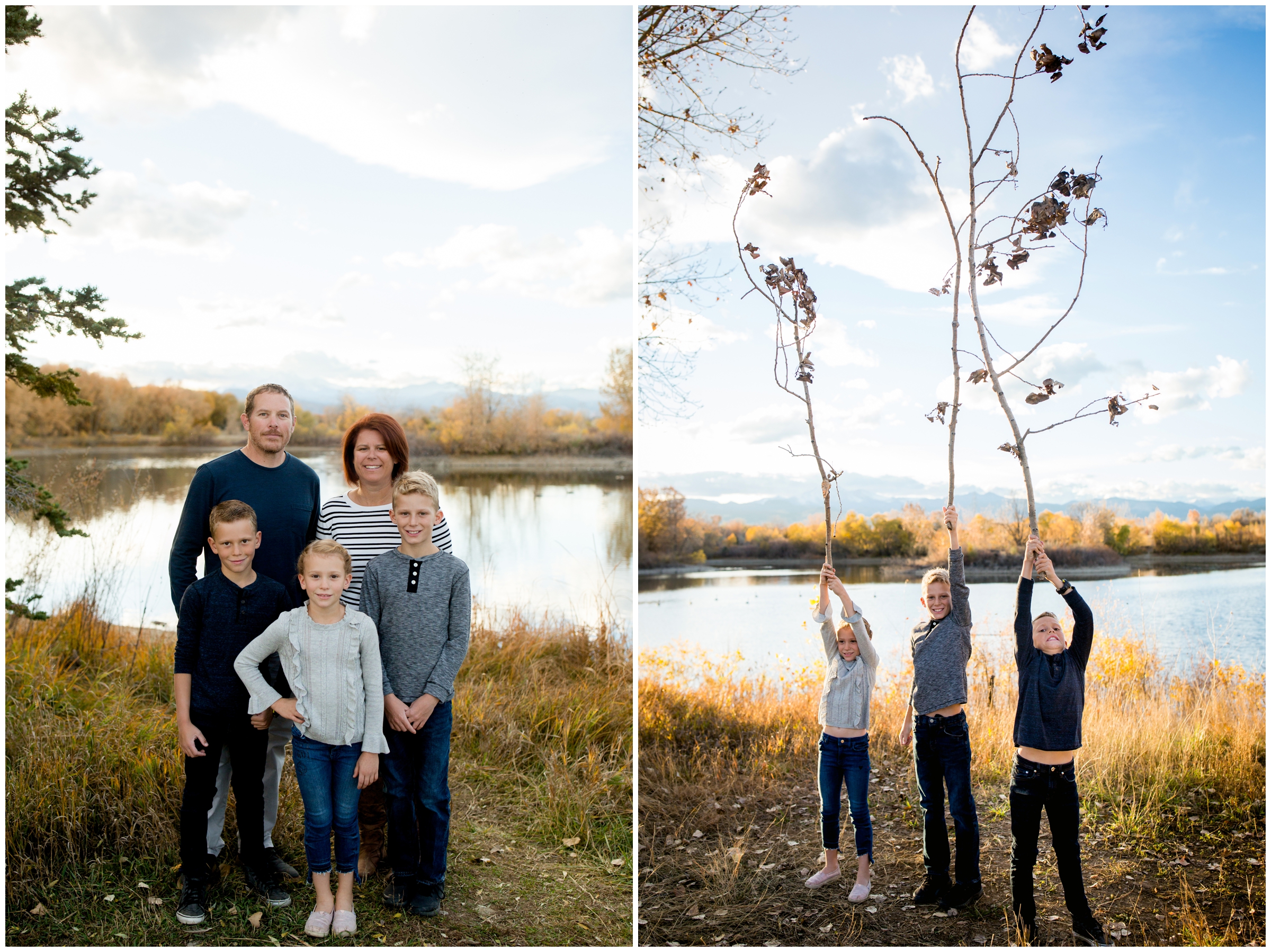 family posing with lake and mountains in background during Longmont Colorado family photography session 