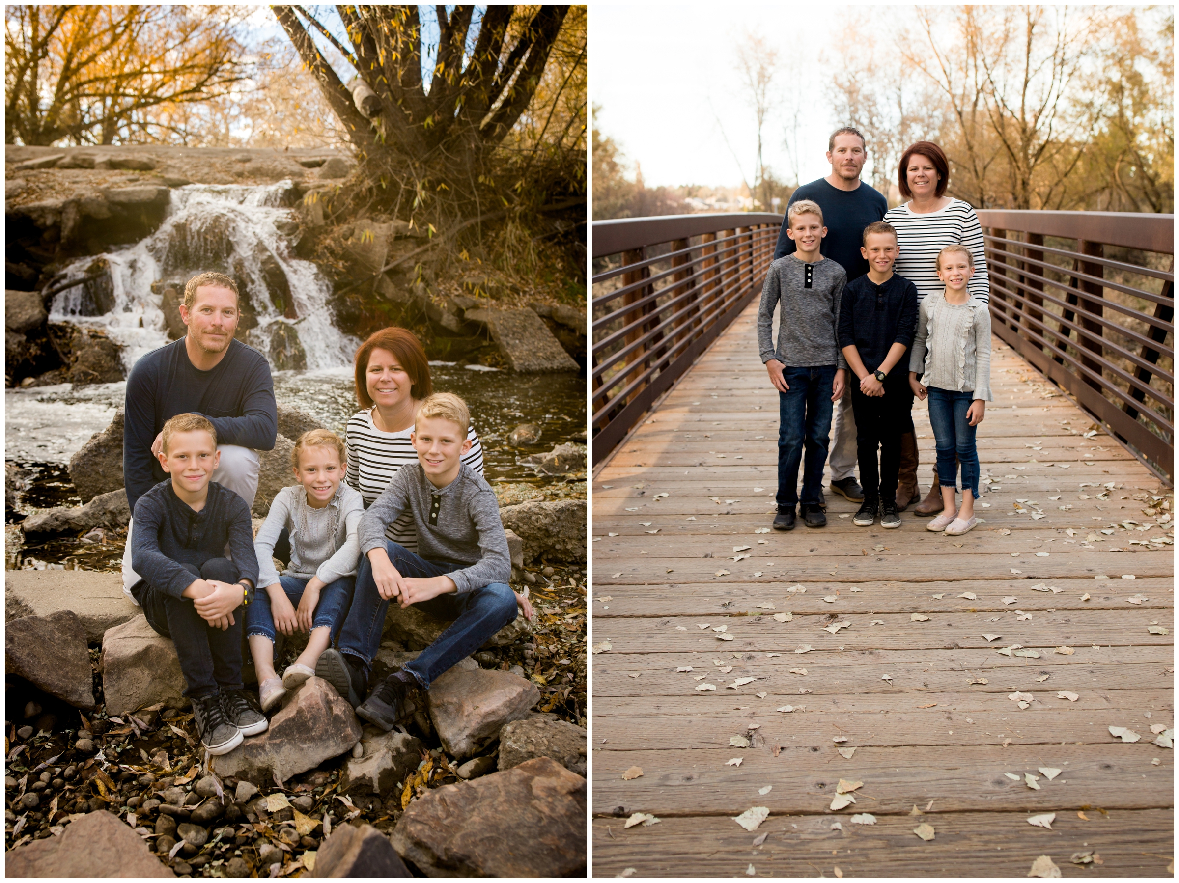 family posing on bridge during Golden Ponds Longmont Colorado family pictures 