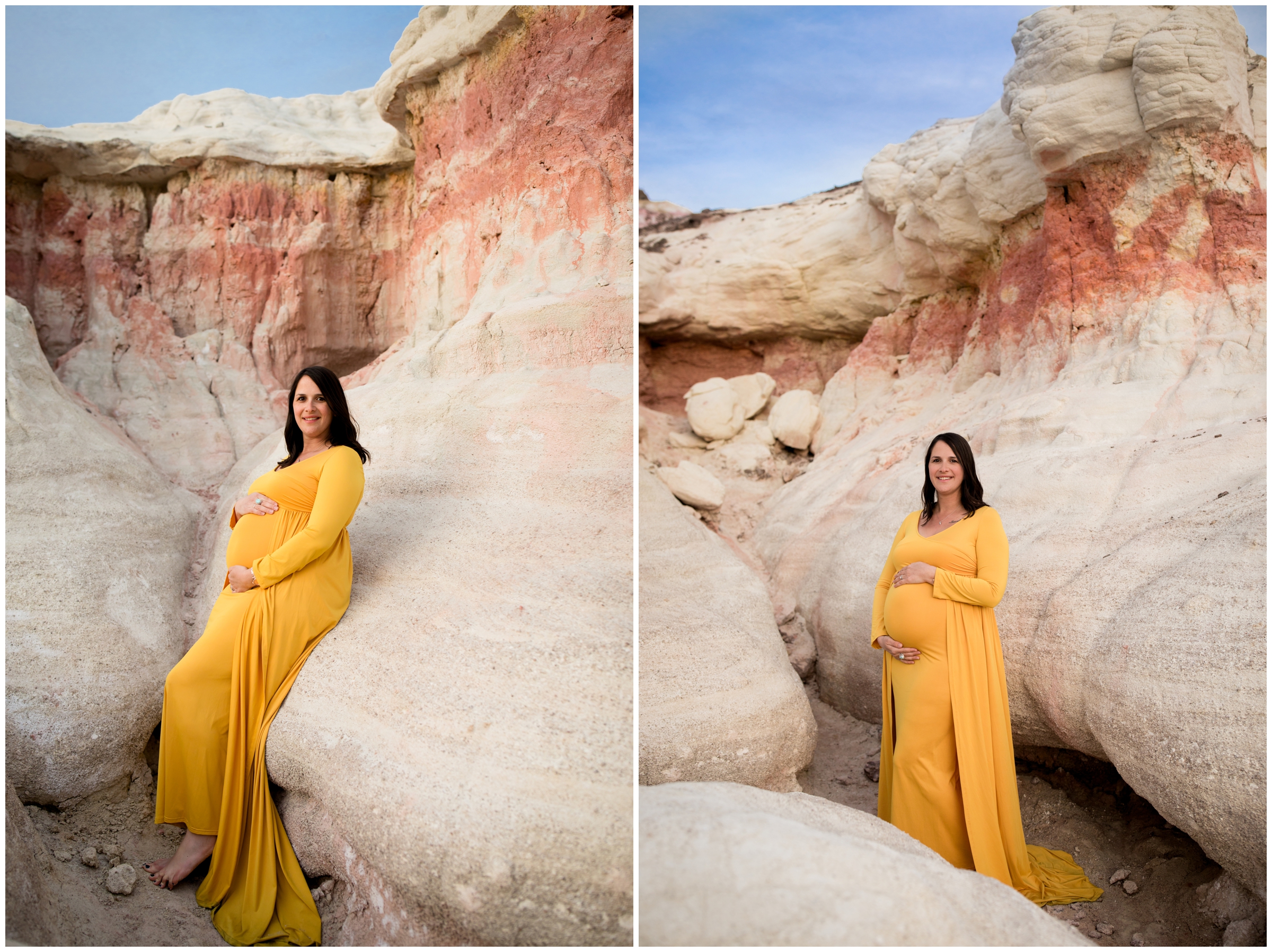 pregnant woman in a yellow dress at Colorado Paint Mines by photographer Plum Pretty Photography 