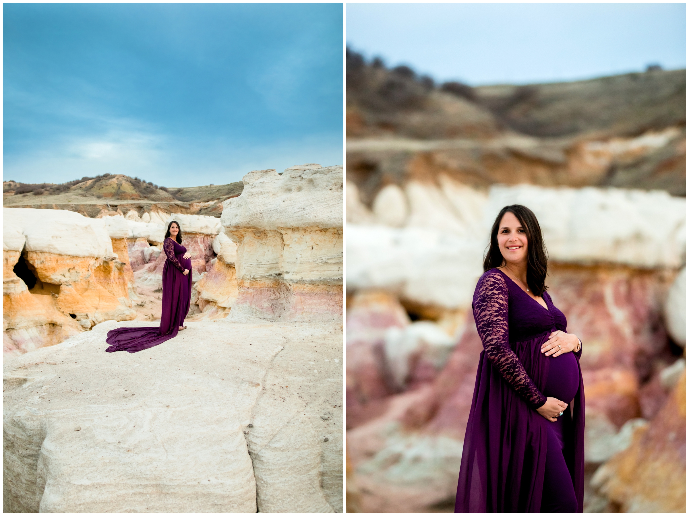 pregnant woman in purple dress holding belly during Colorado maternity photos 