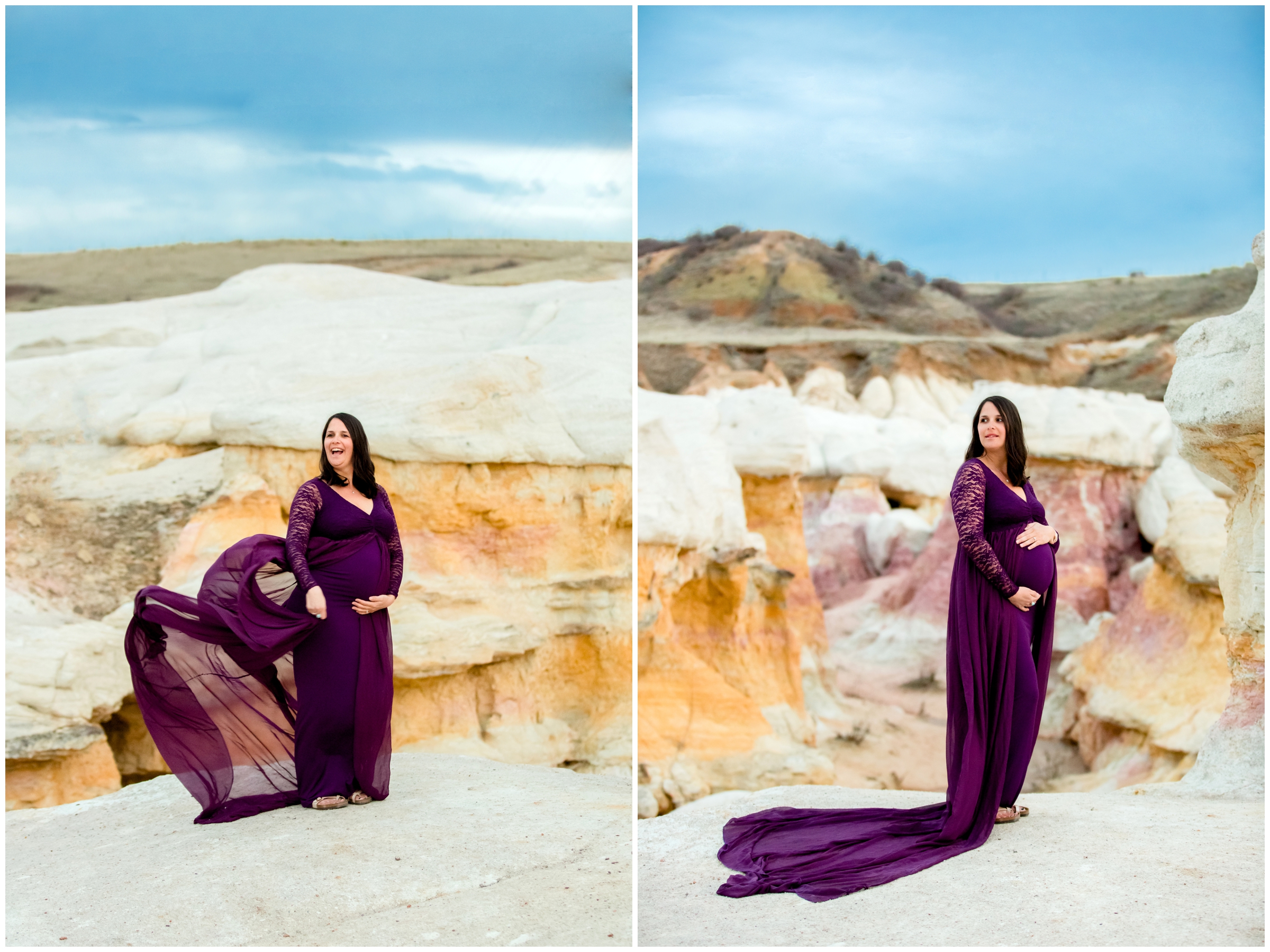 pregnant woman in lace sleeved purple maternity dress during Paint Mines portrait session