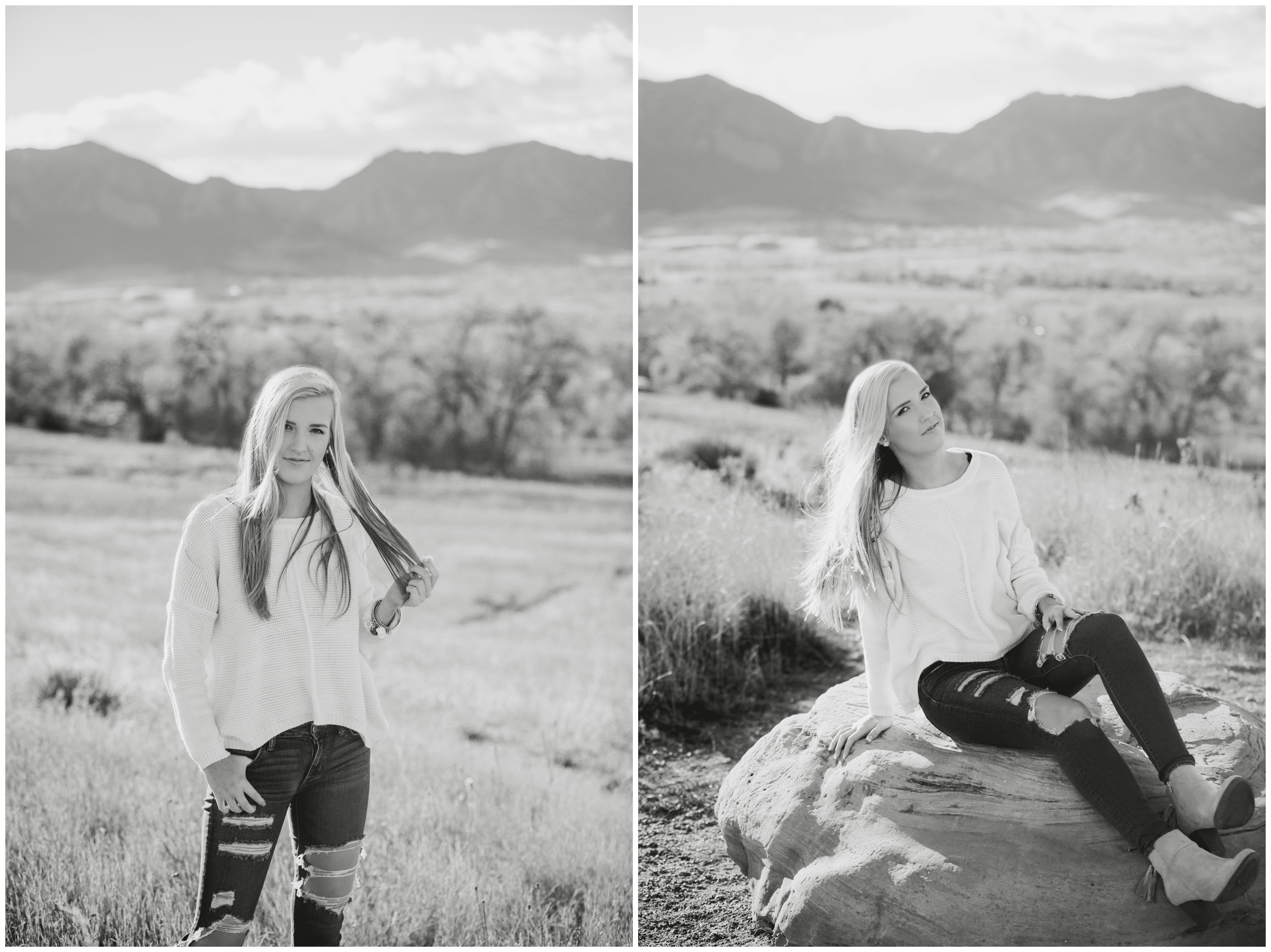 girl sitting on rock with flatirons in background during Boulder Colorado senior pictures 