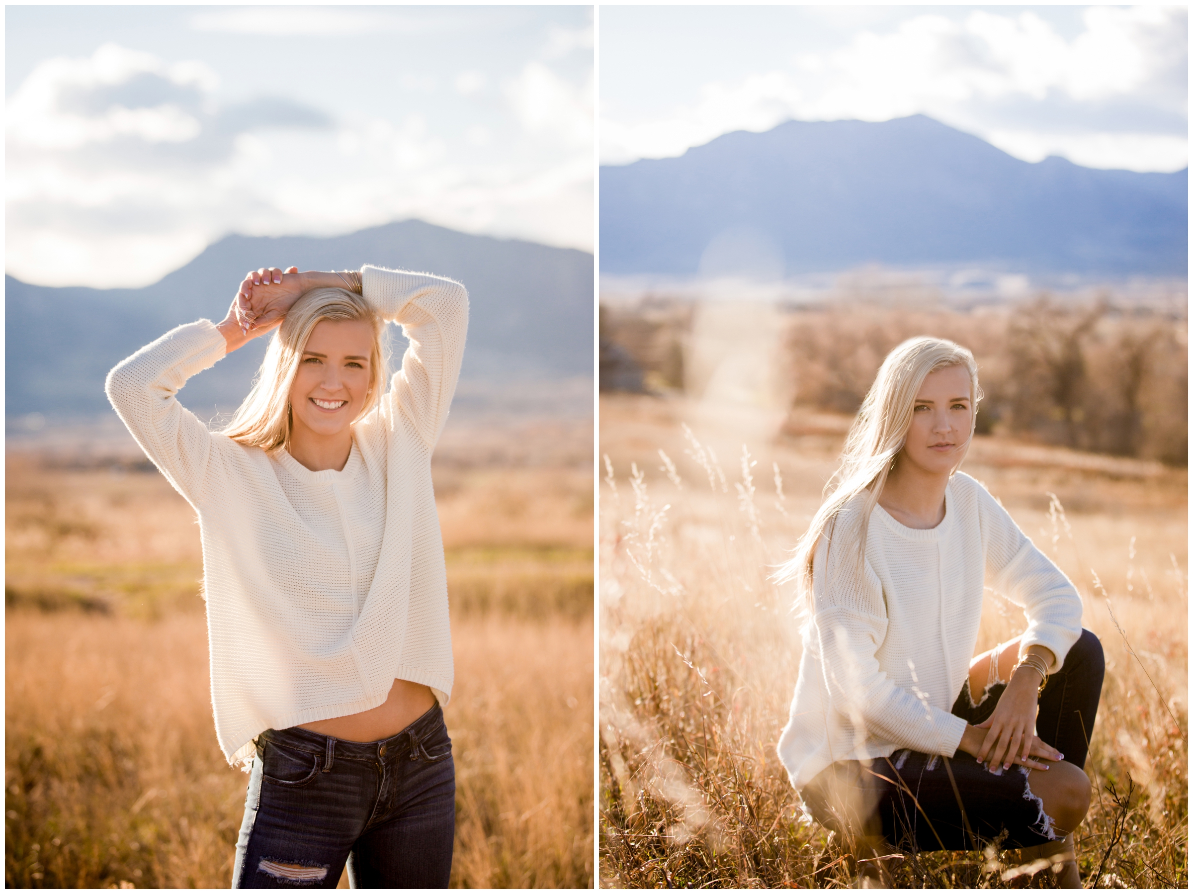 girl posing in field with mountain in background during Erie Colorado senior photography session 