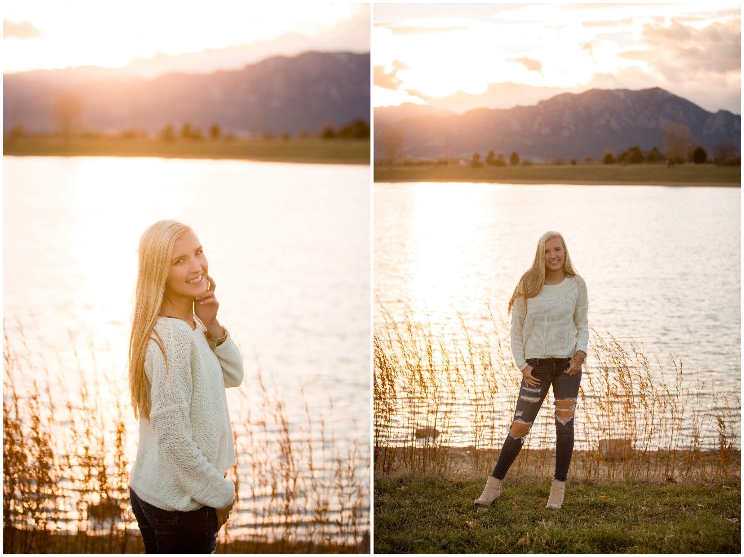 teen posing in front of mountain lake during Boulder Colorado sunset senior pictures 