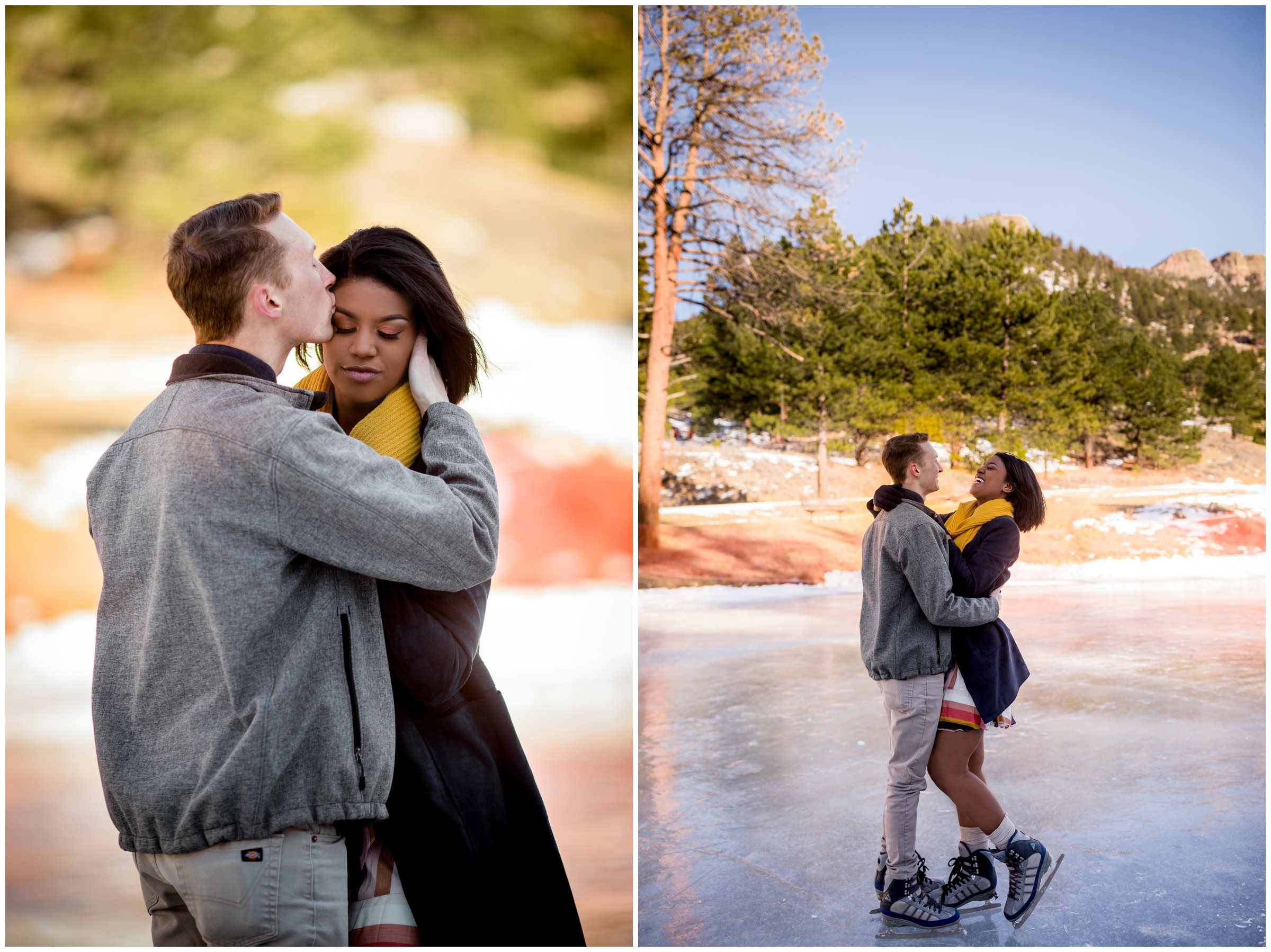 winter engagement photos in Estes Park Colorado on a frozen lake