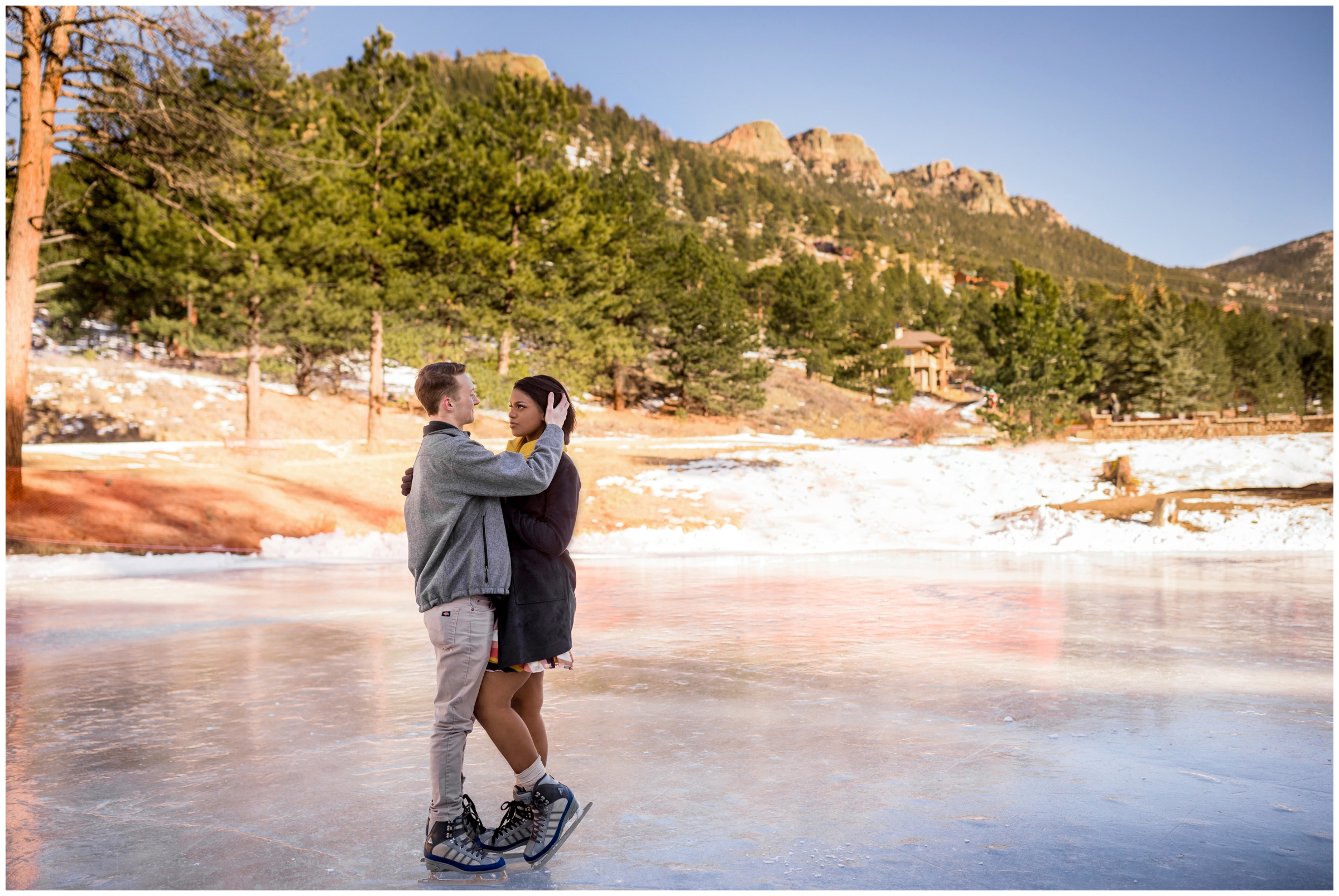 couple ice skating at Dorsey Lake at YMCA during Estes Park engagement pictures