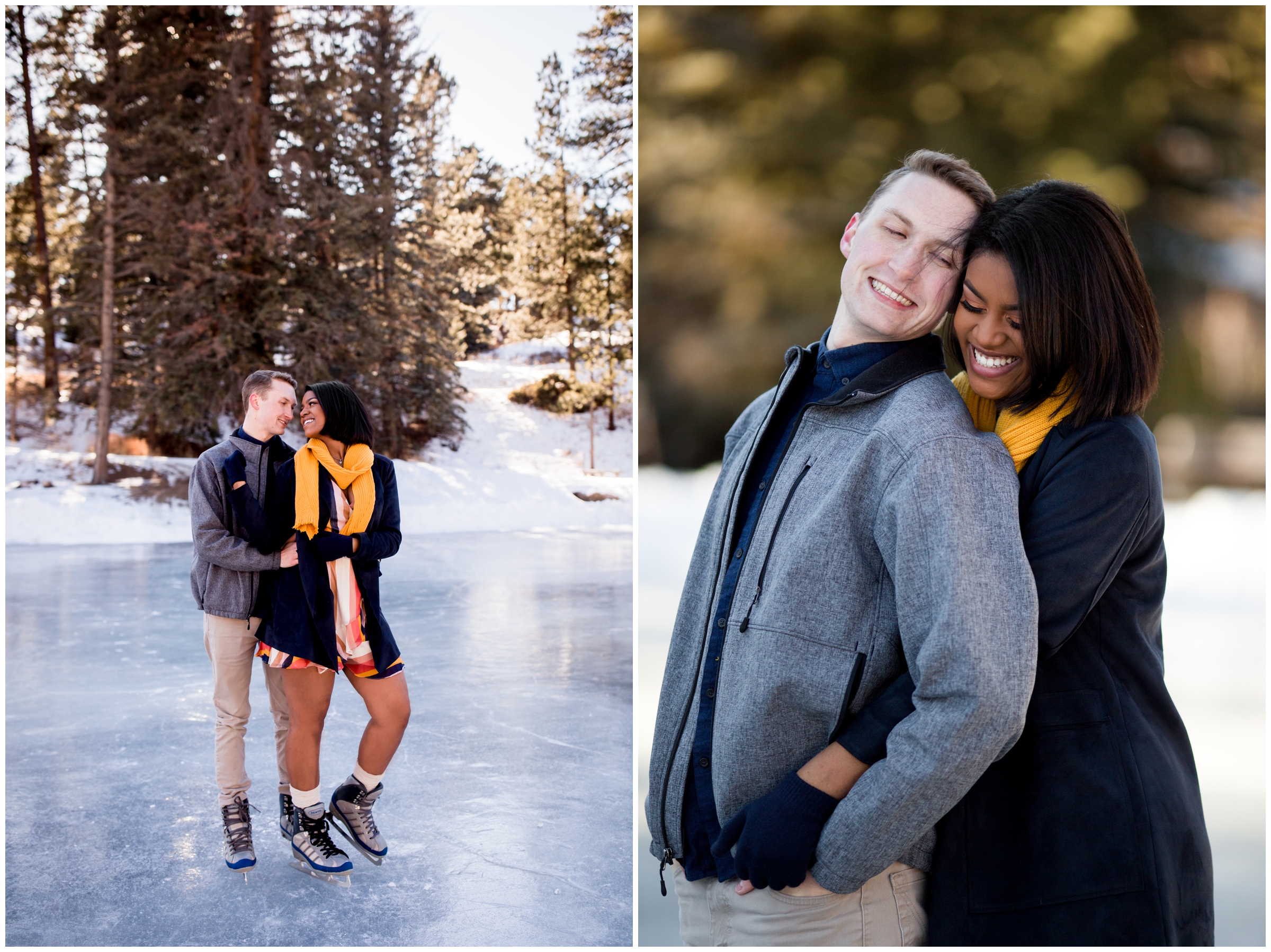 couple posing with ice skates on at Dorsey Lake Estes Park for Colorado winter engagement photographs 