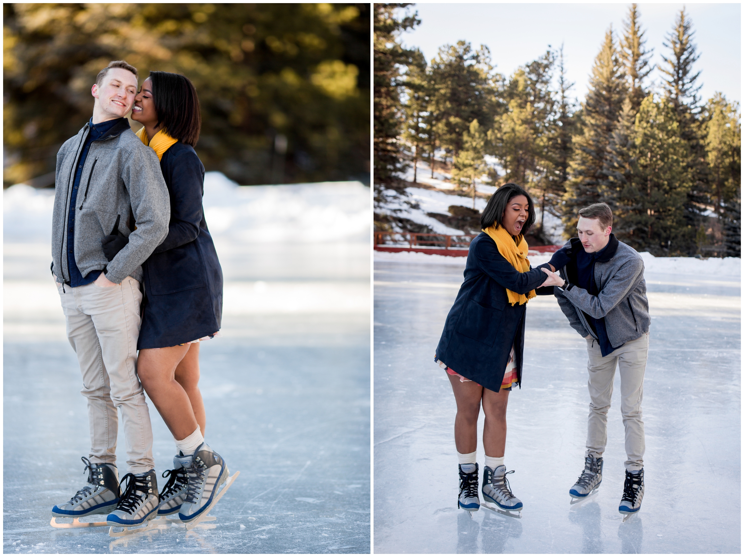 couple ice skating on frozen mountain lake in Estes Park Colorado for winter engagement pictures