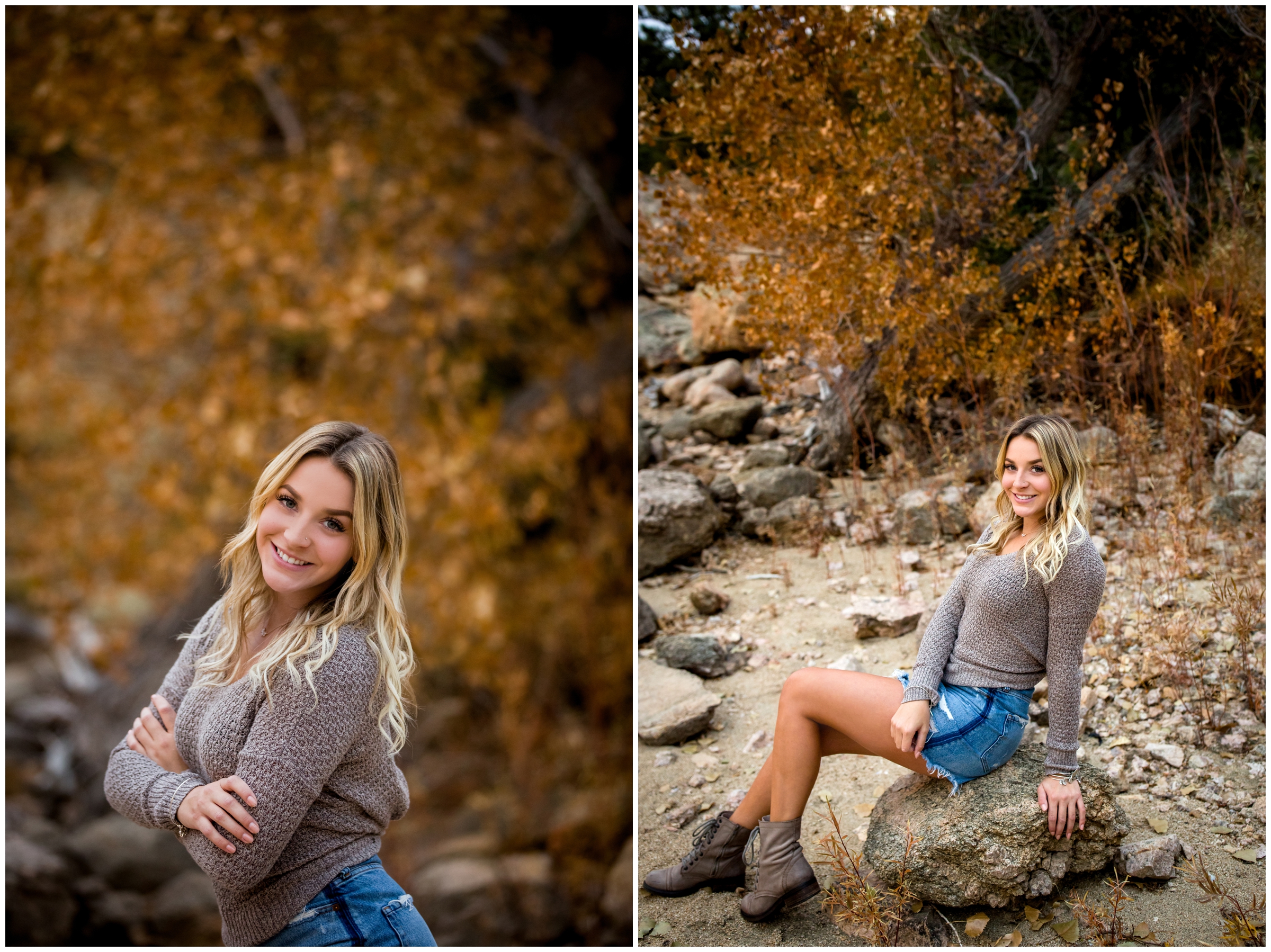 frederick high girl sitting on rock during Colorado fall senior photos 