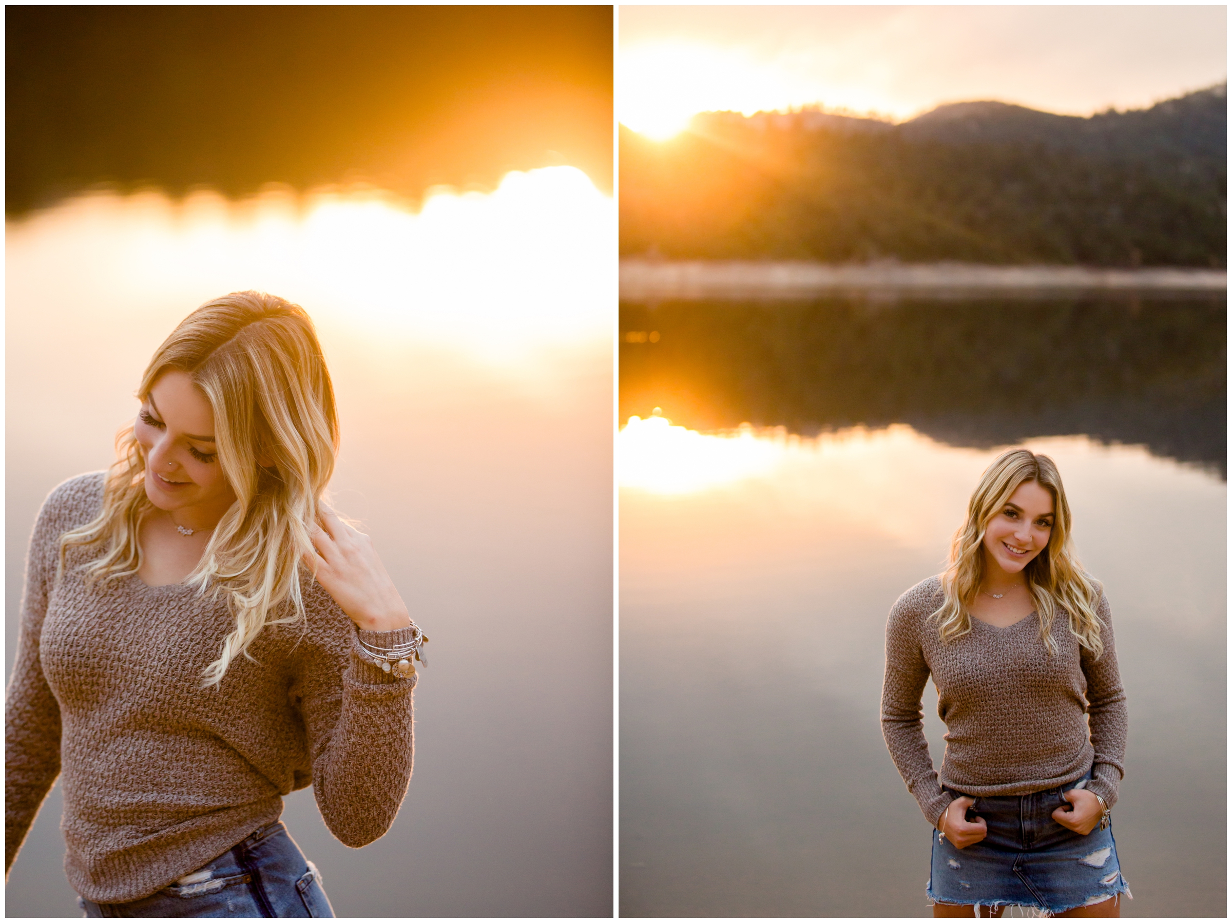 frederick colorado senior photos at Gross Lake with colorful sunset in background 