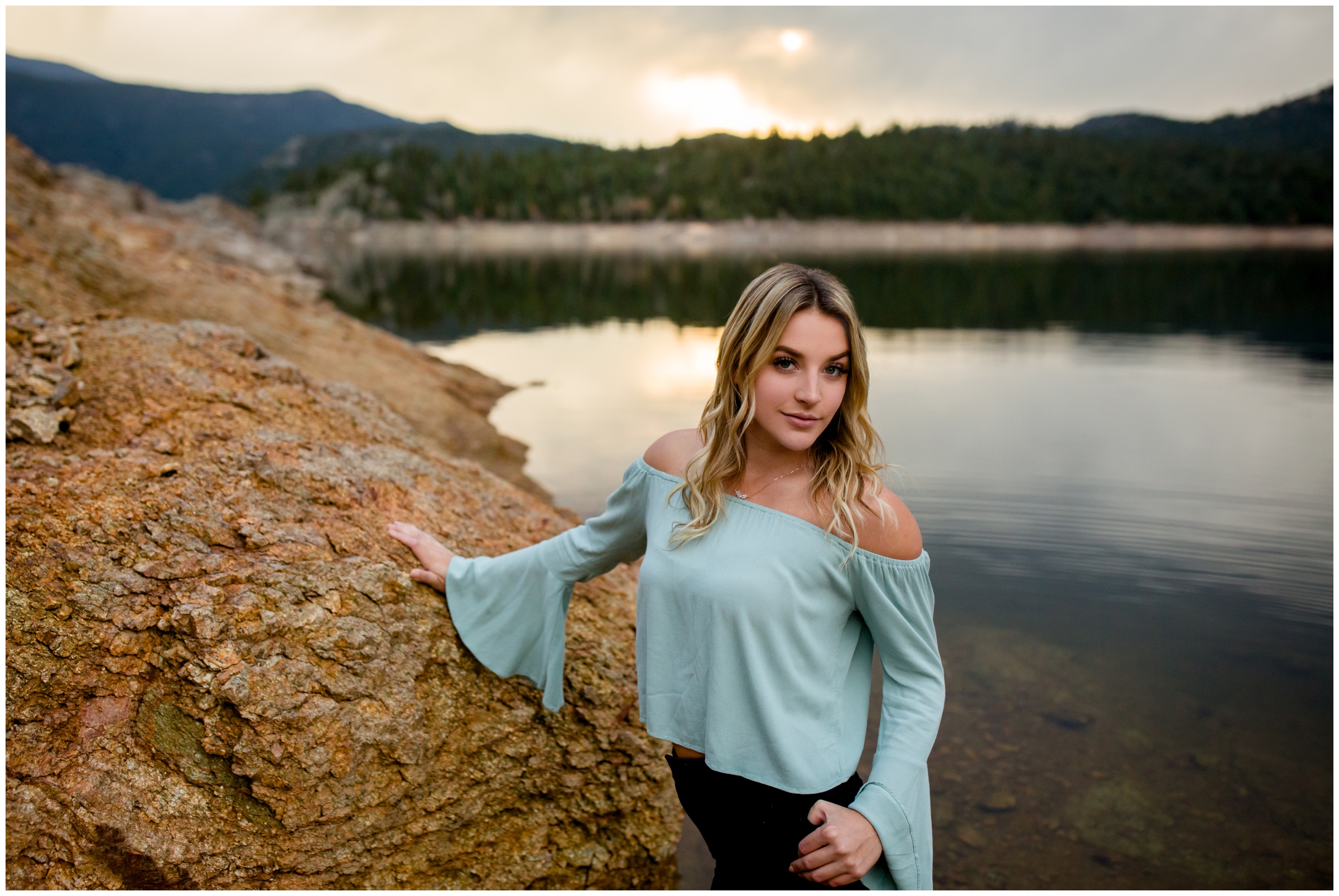 Boulder Colorado senior photos at sunset at Gross reservoir 