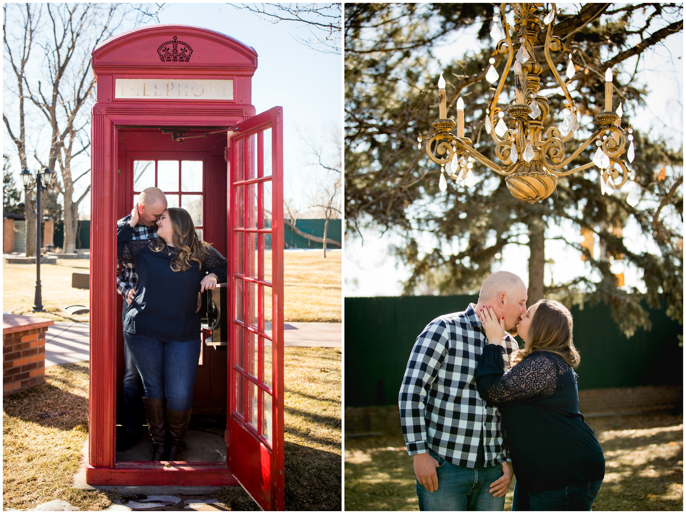 couple posing in phone booth at Lionsgate Event Center Dovehouse during Colorado winter engagement pictures 