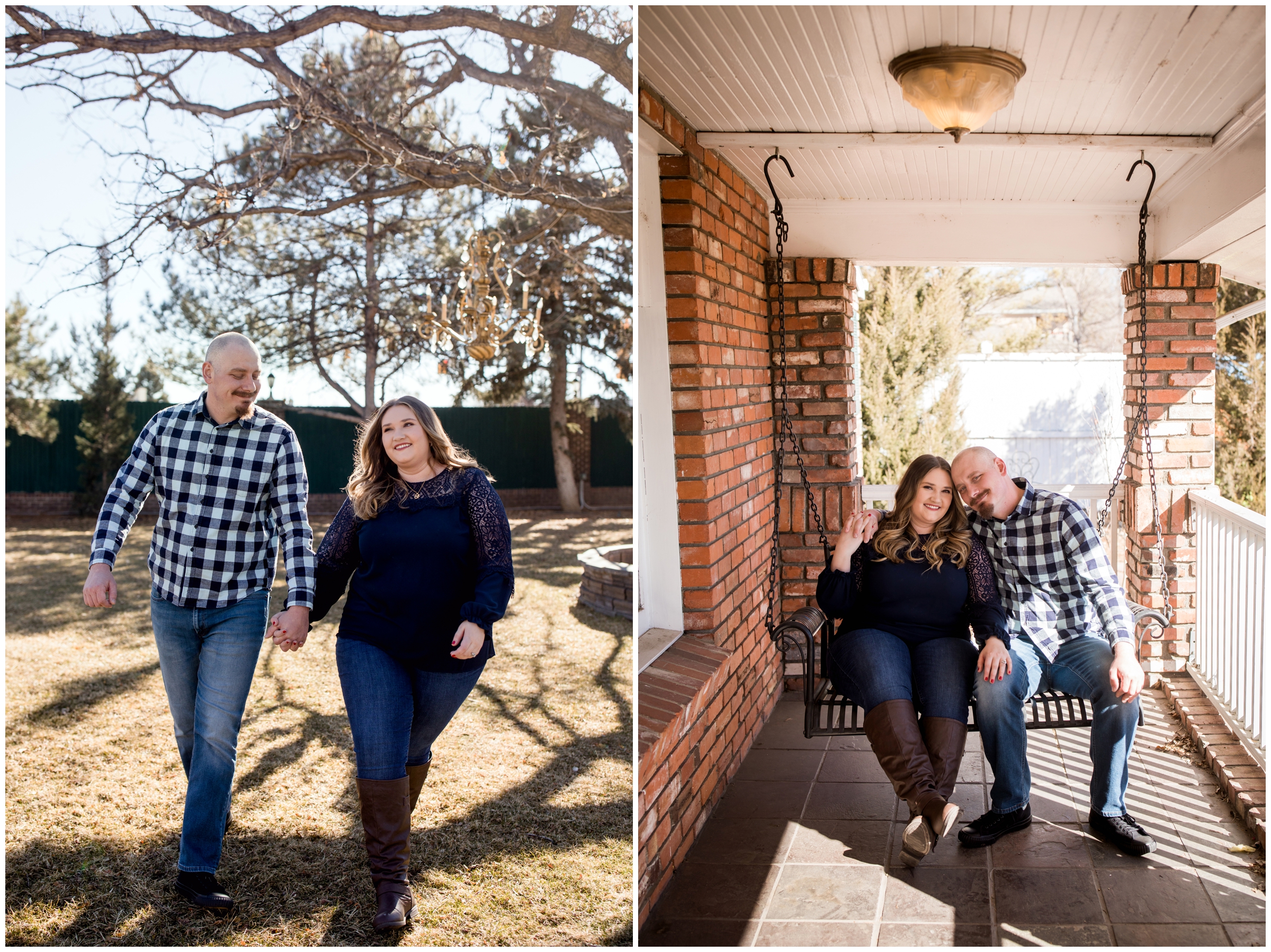 couple sitting on porch swing during Colorado at home lifestyle engagement photography session 