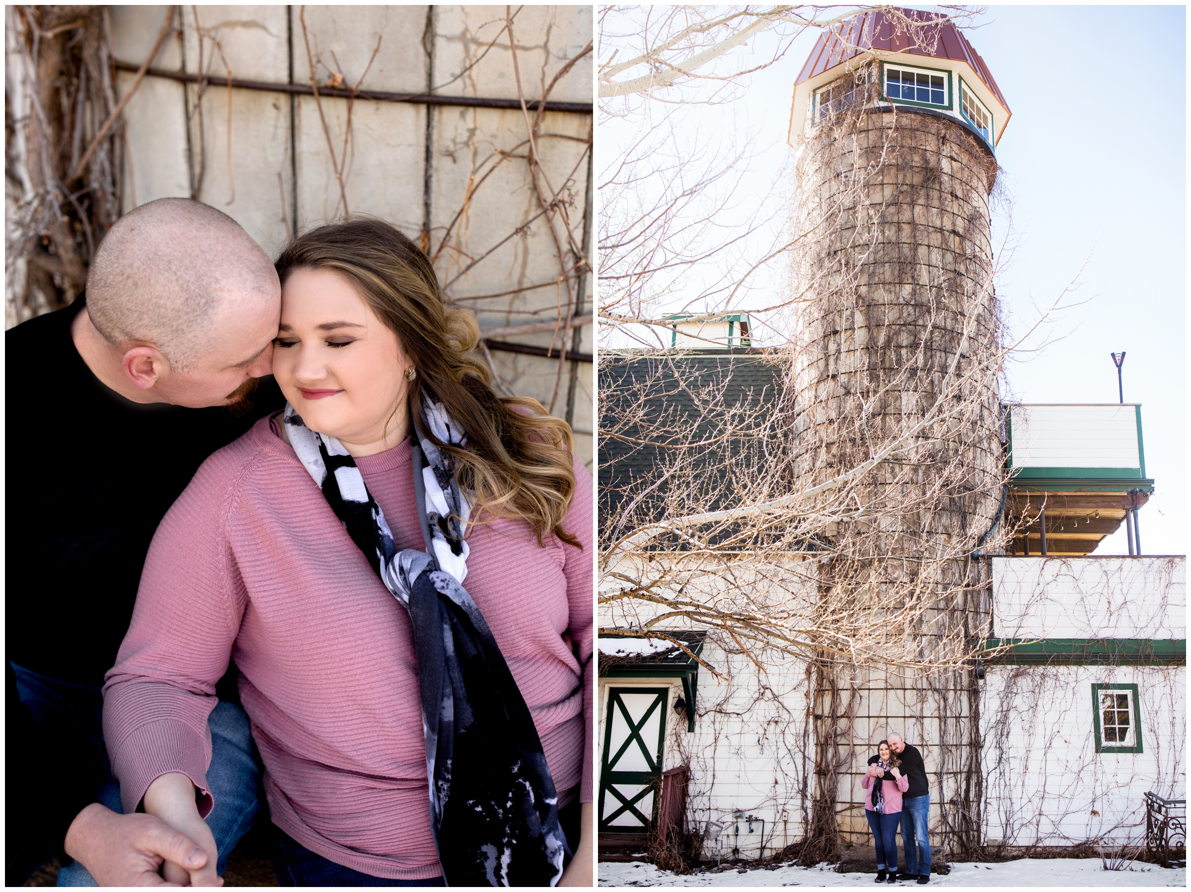 couple posing in front of silo during Colorado engagement portraits at Lionsgate Event Center 