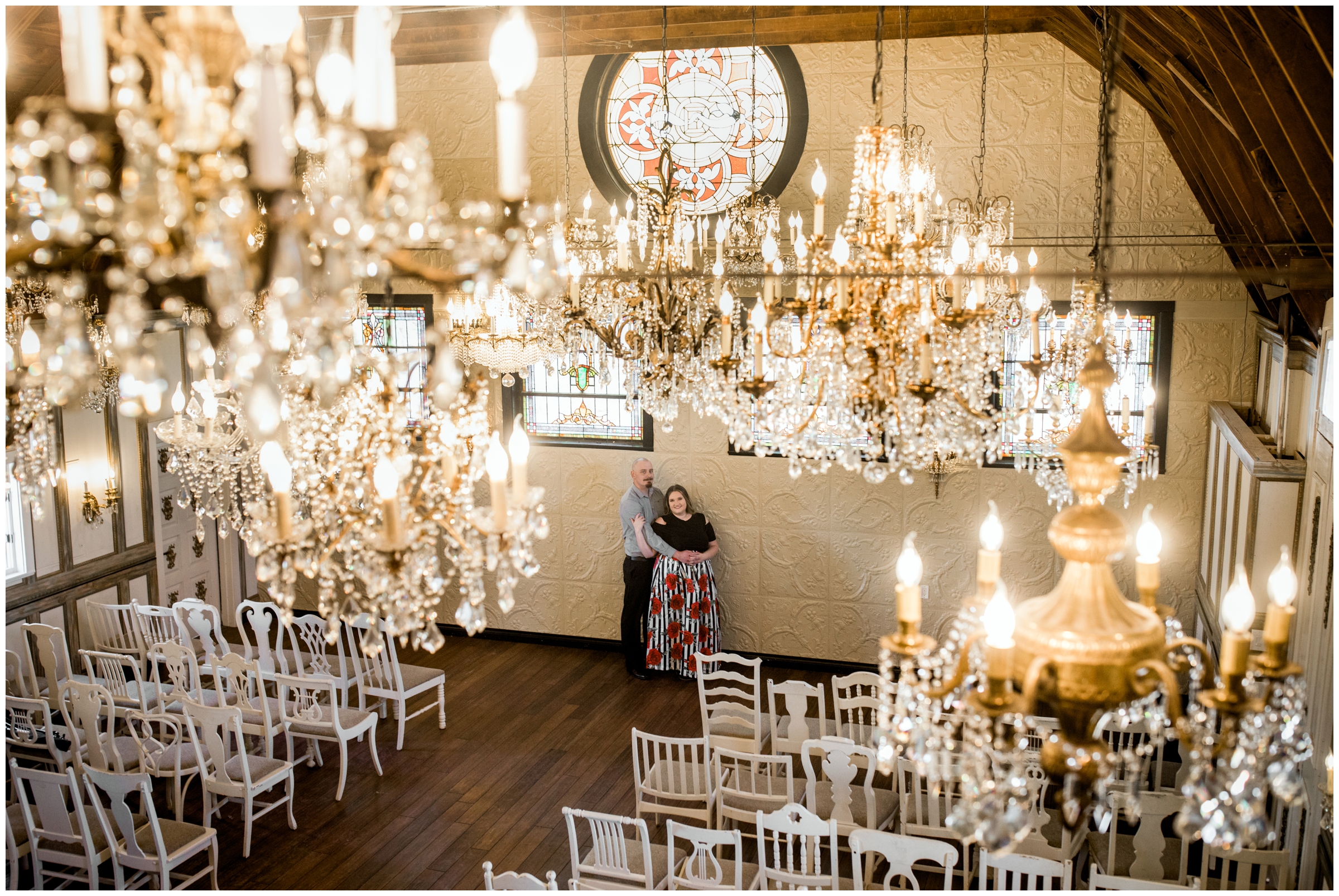 winter engagement pictures at Colorado Chandelier Barn 