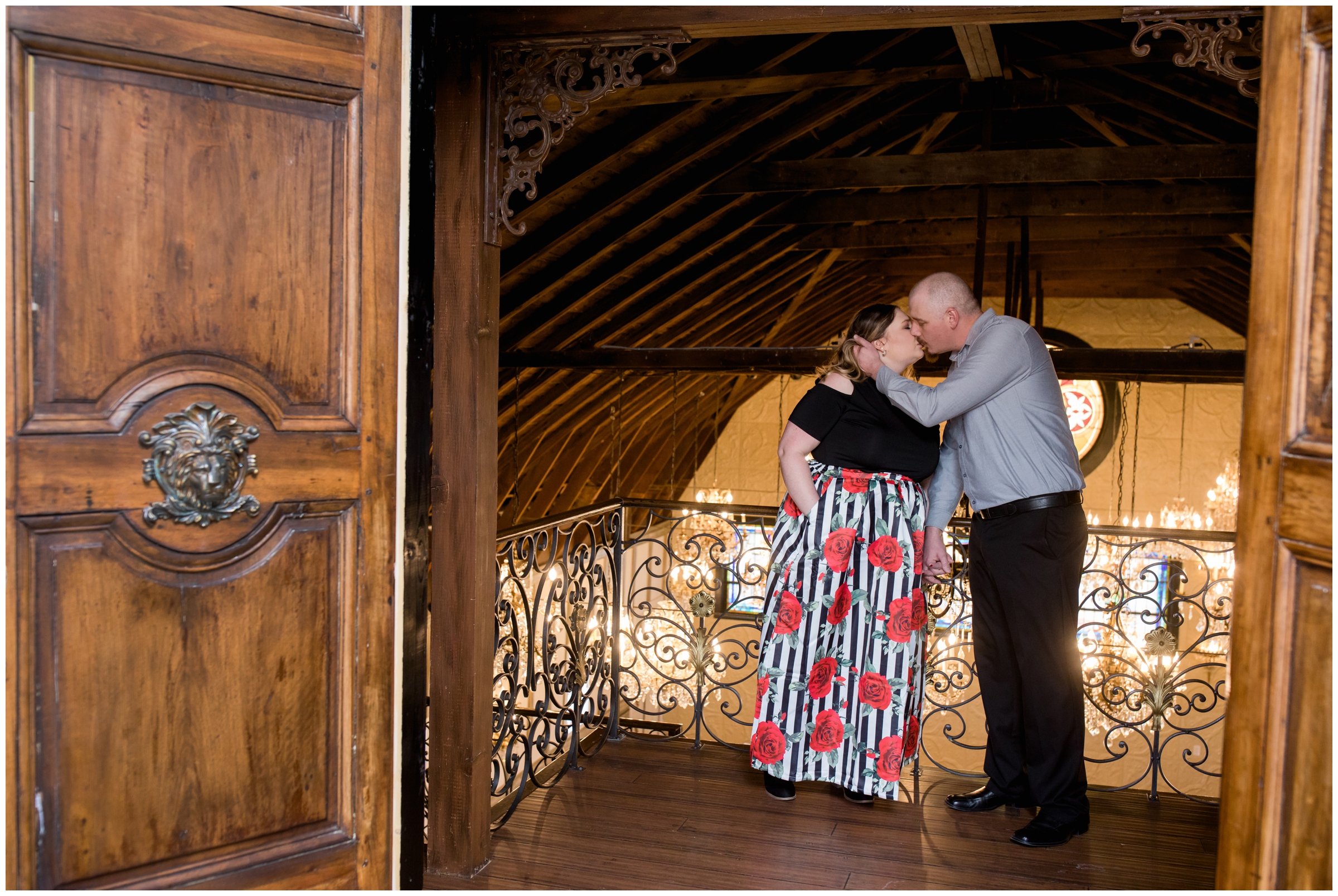 Colorado winter engagement photography inspiration in a Chandelier Barn 