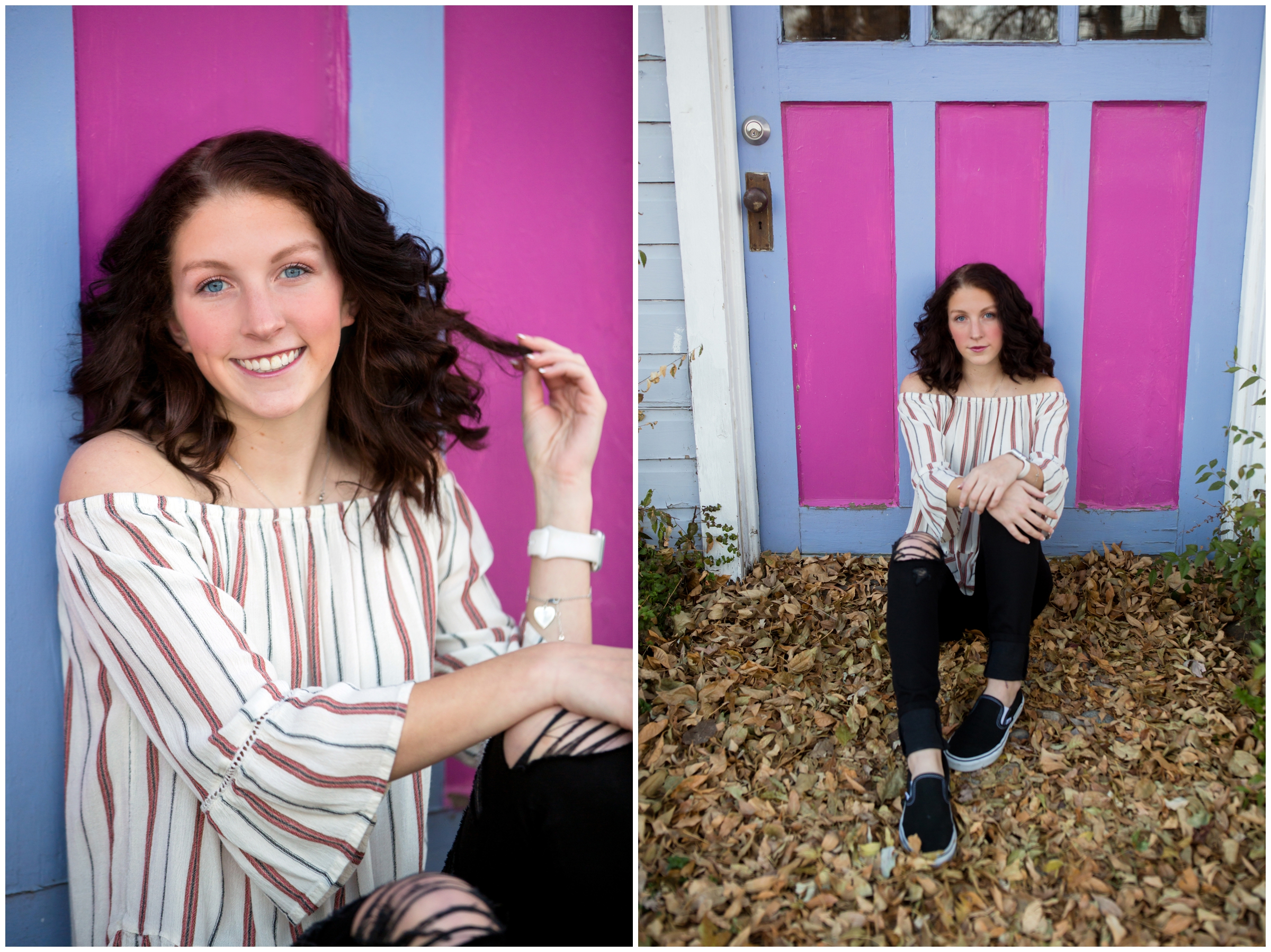 teen girl leaning against pink and purple wall during Colorado urban senior pictures 