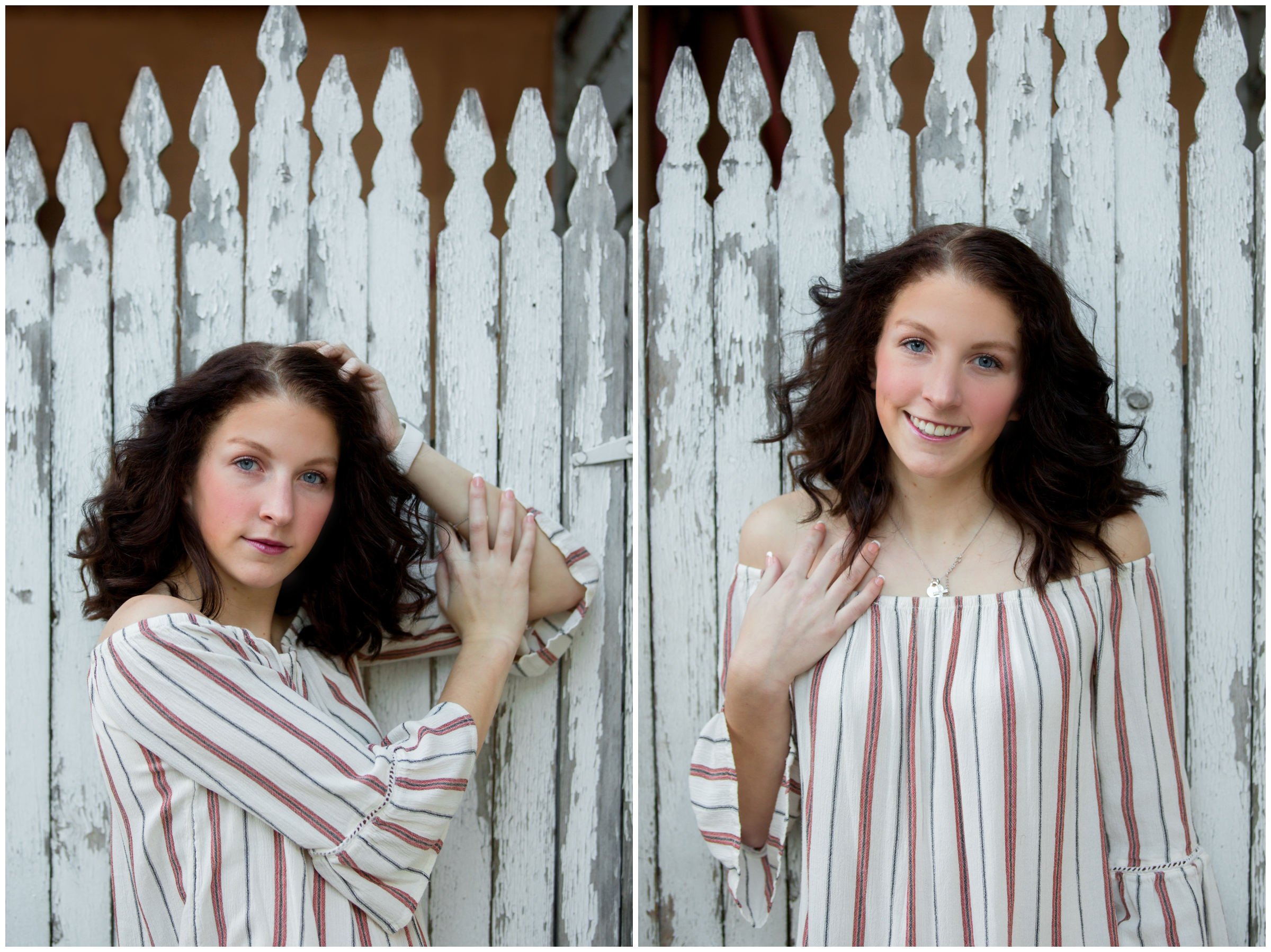 teen girl posing against rustic white picket fence during Colorado senior pictures 