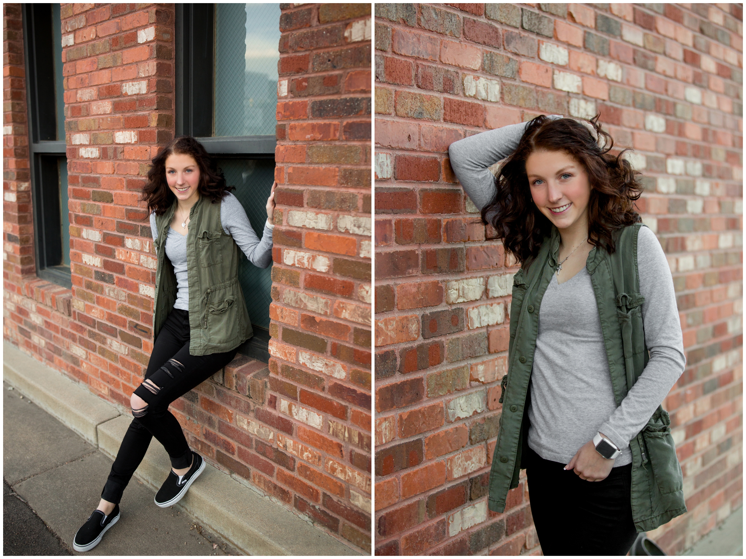 Mead high school student leaning against brick wall in Niwot during Colorado senior photos 