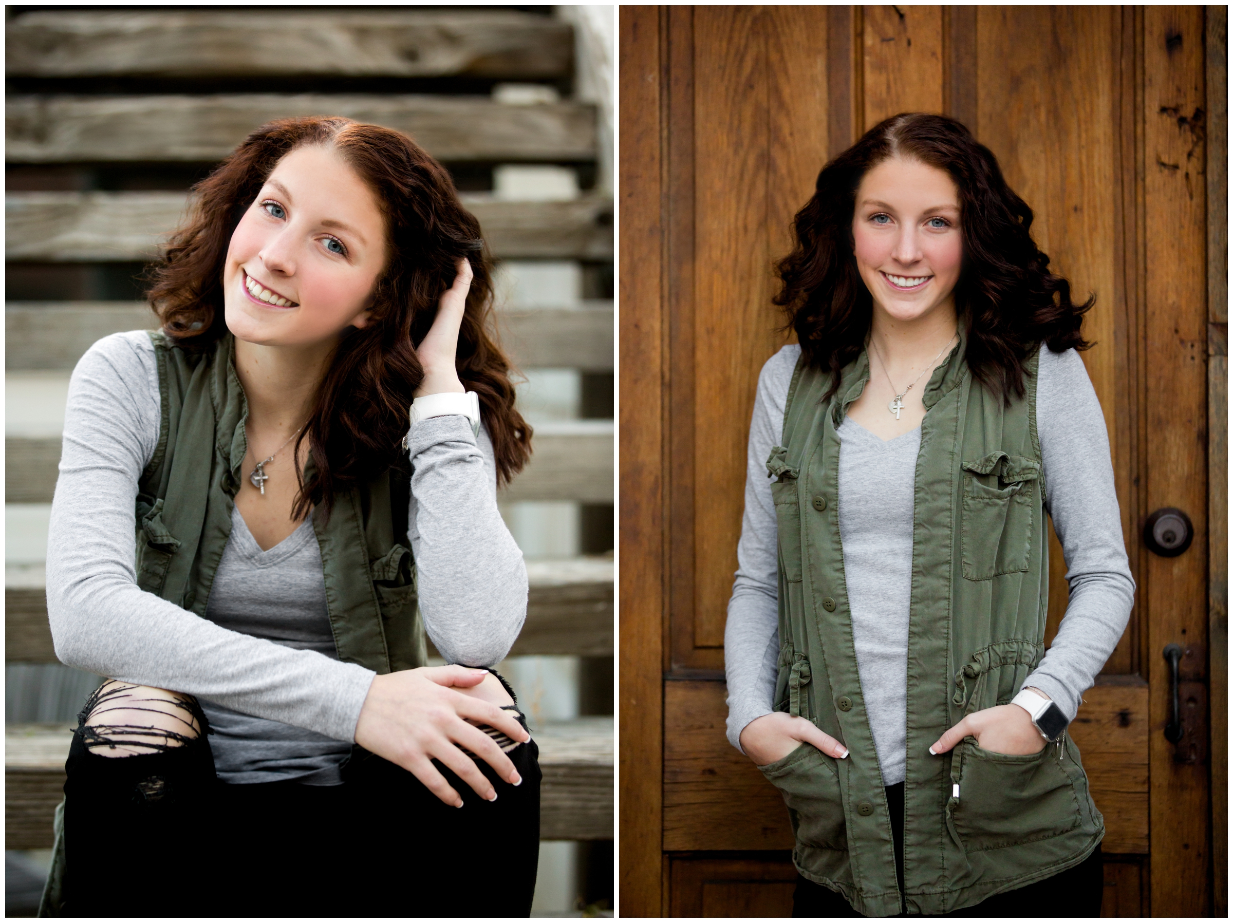 Mead high school senior in army green vest posing during Niwot Colorado senior pictures 