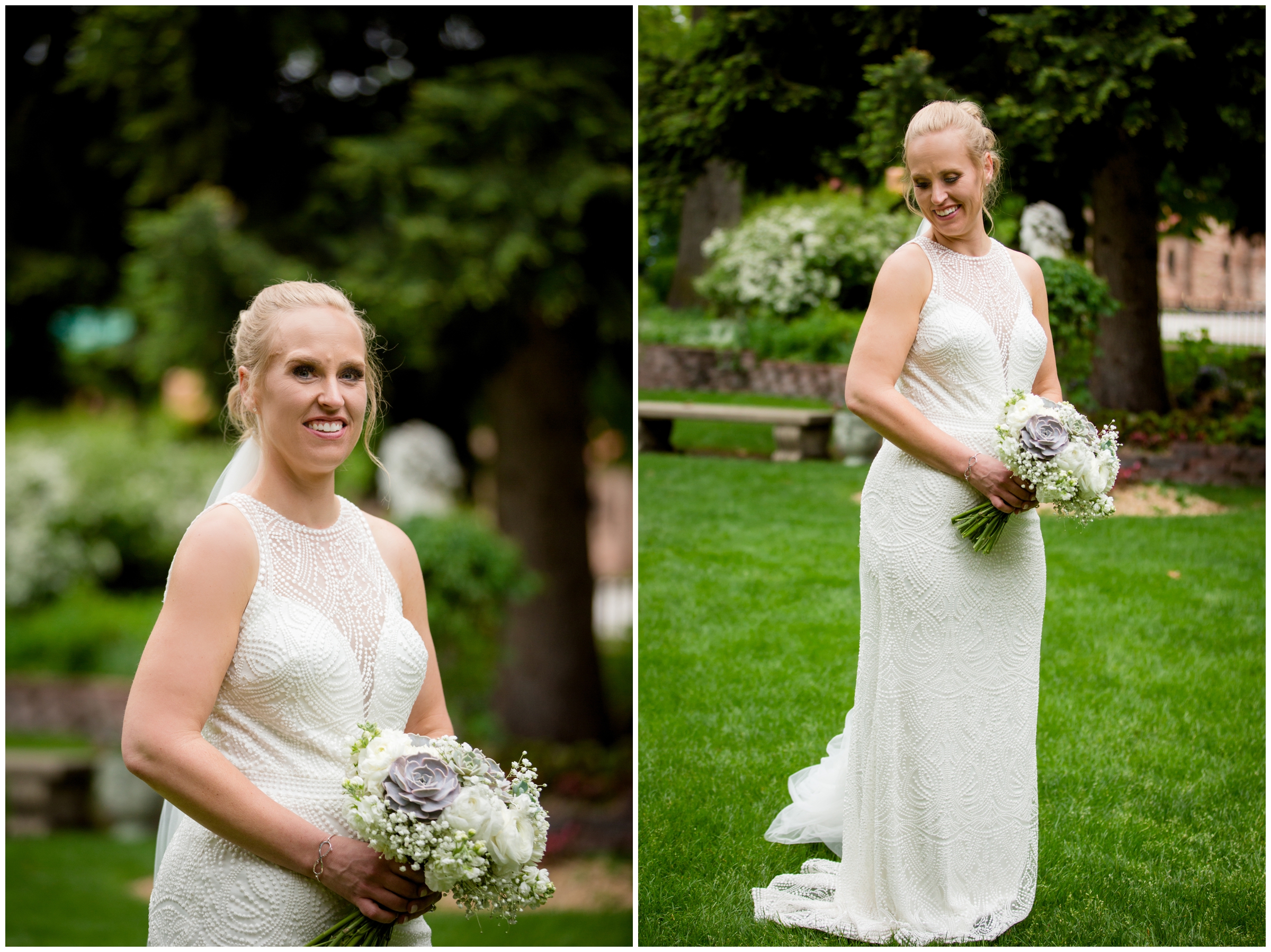 bride posing in gardens at Callahan House Longmont wedding