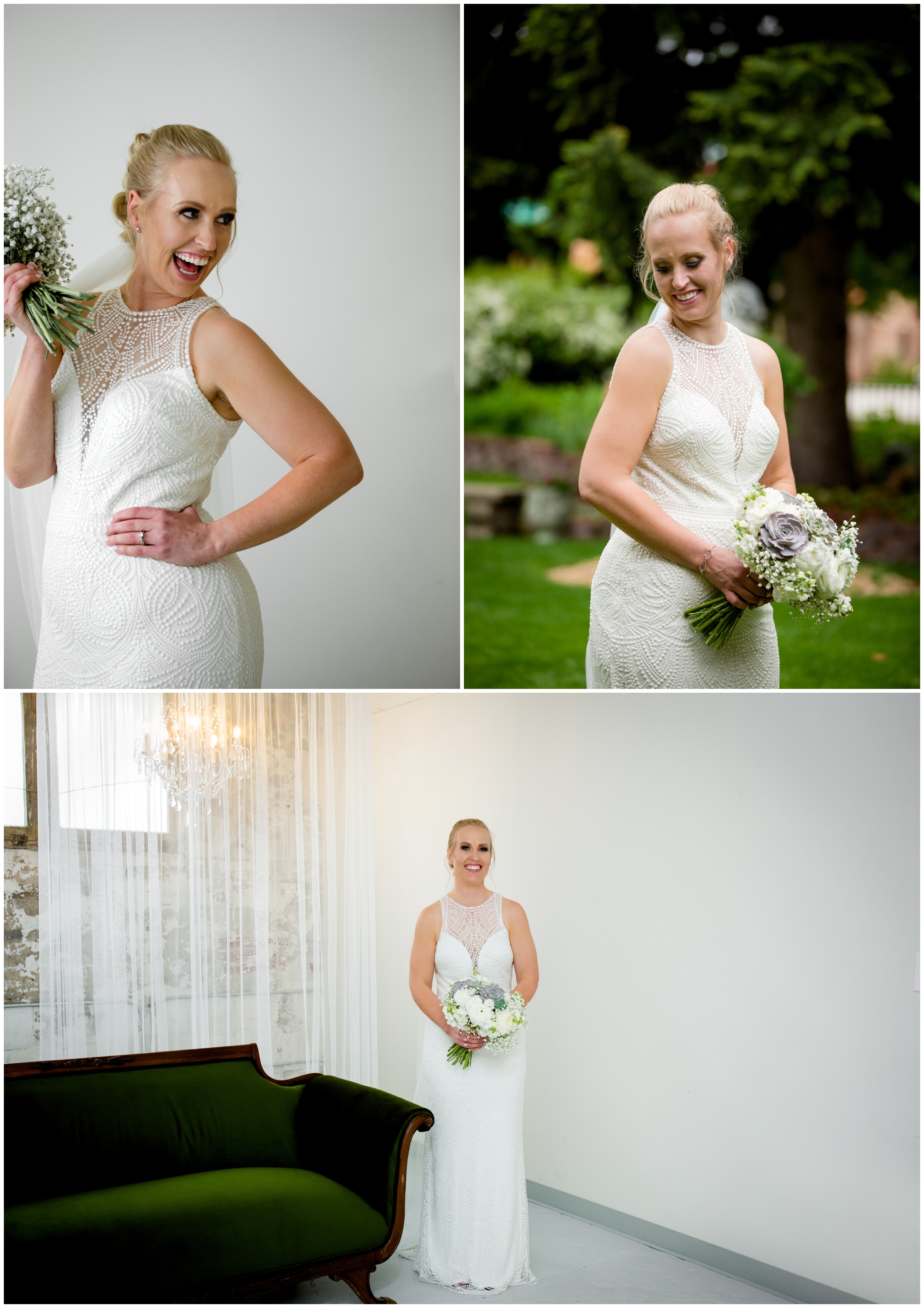 Longmont Colorado bride posing at Callahan House gardens 