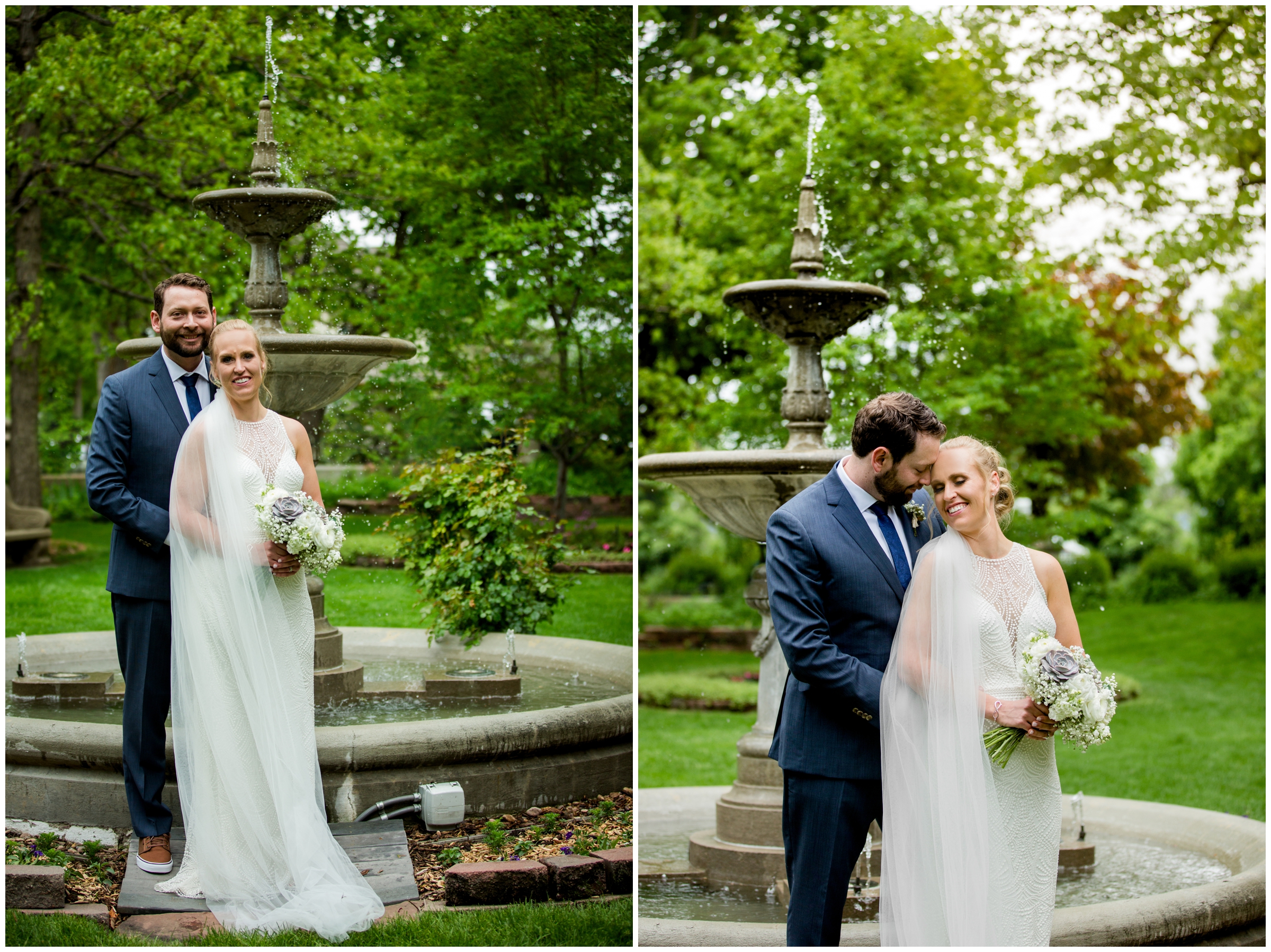 couple posing by a fountain during Longmont Colorado wedding photography session