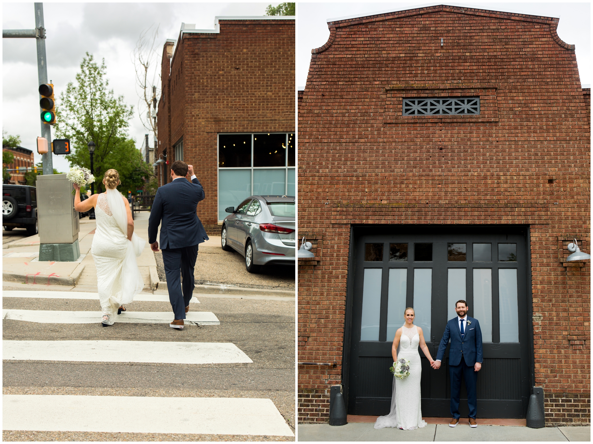 Colorado bride and groom walking across street at urban city wedding 